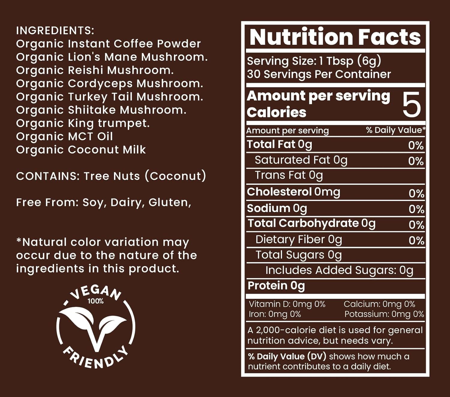 Mushroom Coffee | Mushroom Coffee Alternative with Lion’s Mane, Reishi, Turkey Tail & More |CONTAINS COCONUT MILK | 6.35 Oz / 180g (30 Servings)
