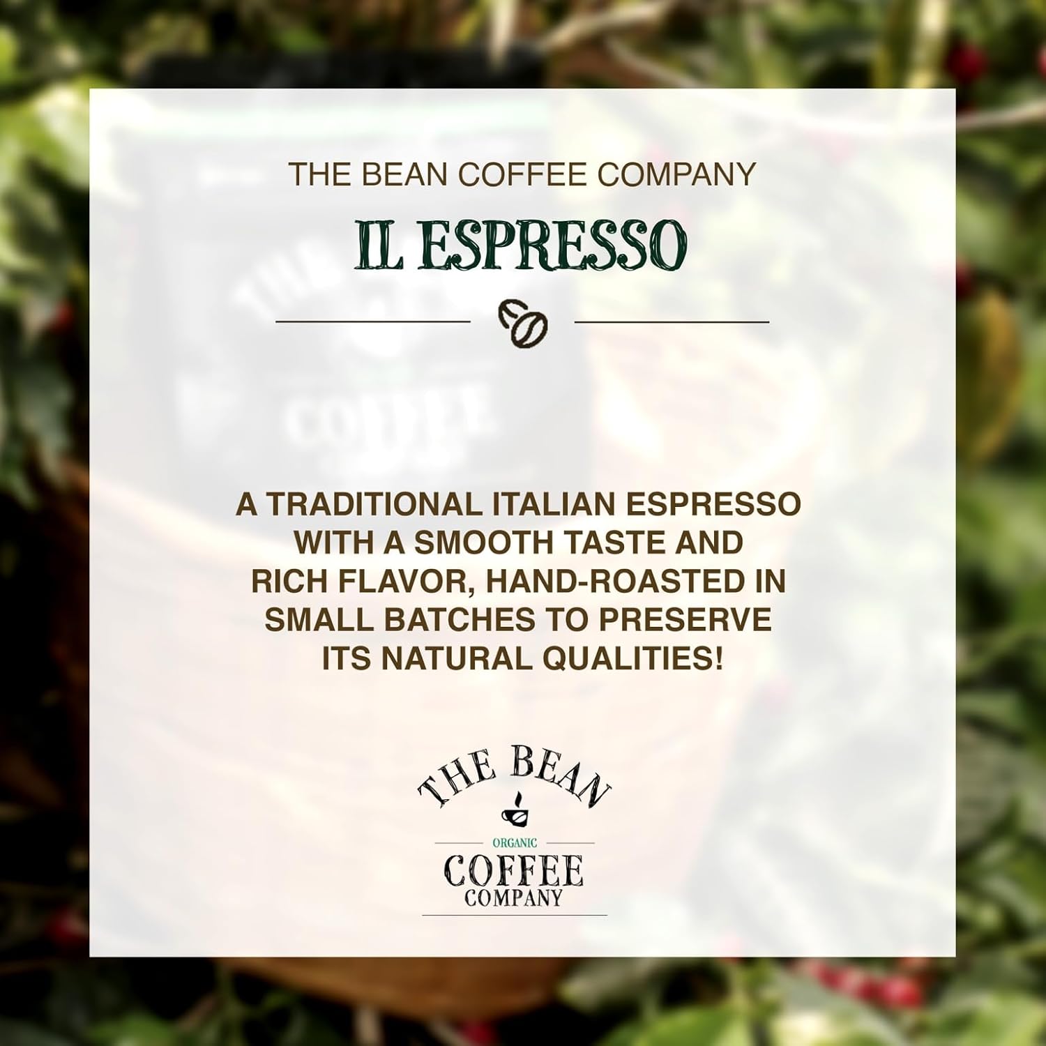 The Bean Organic Coffee Company Il Espresso, Classic Dark Roast, Ground Coffee, 16-Ounce Bag, Café molido tostado orgánico