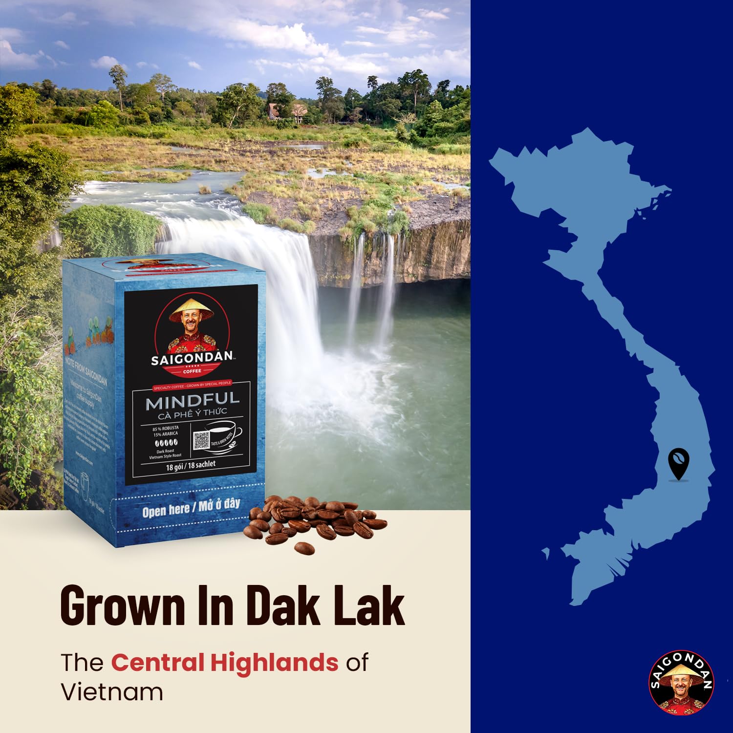 Saigondan Drip Instant Coffee - Mindful | Dark Roast | Robusta & Arabica Blend | Vietnamese Single Origin | Small Batch Roasted | Direct Trade | No Preservatives | 18 Sachets
