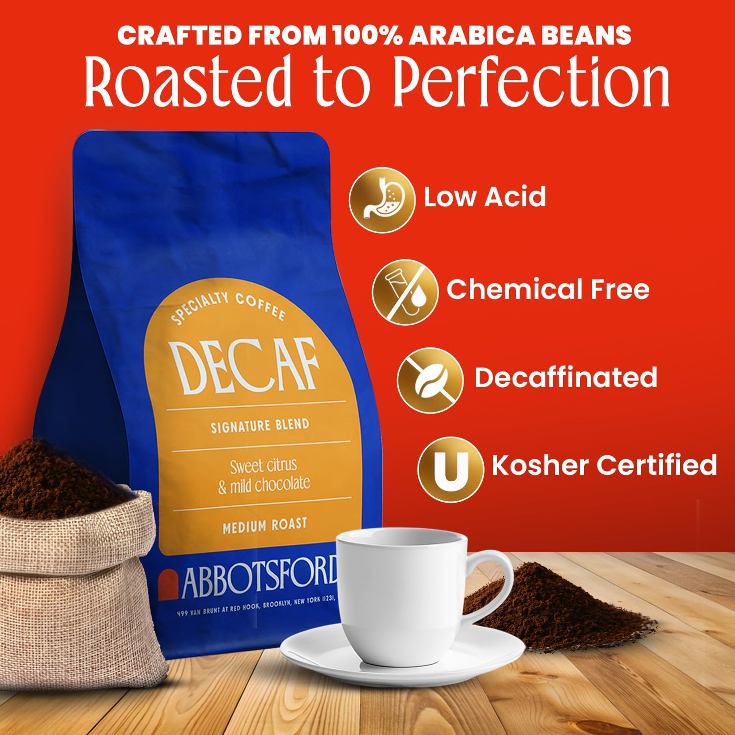 Decaf Flavored Coffee Ground, Sweet Citrus & Mild Chocolate Medium Roast Ground Coffee, Signature Blend Swiss Water Processed Premium Coffee, 12oz Brooklyn Bag, Kosher Certified