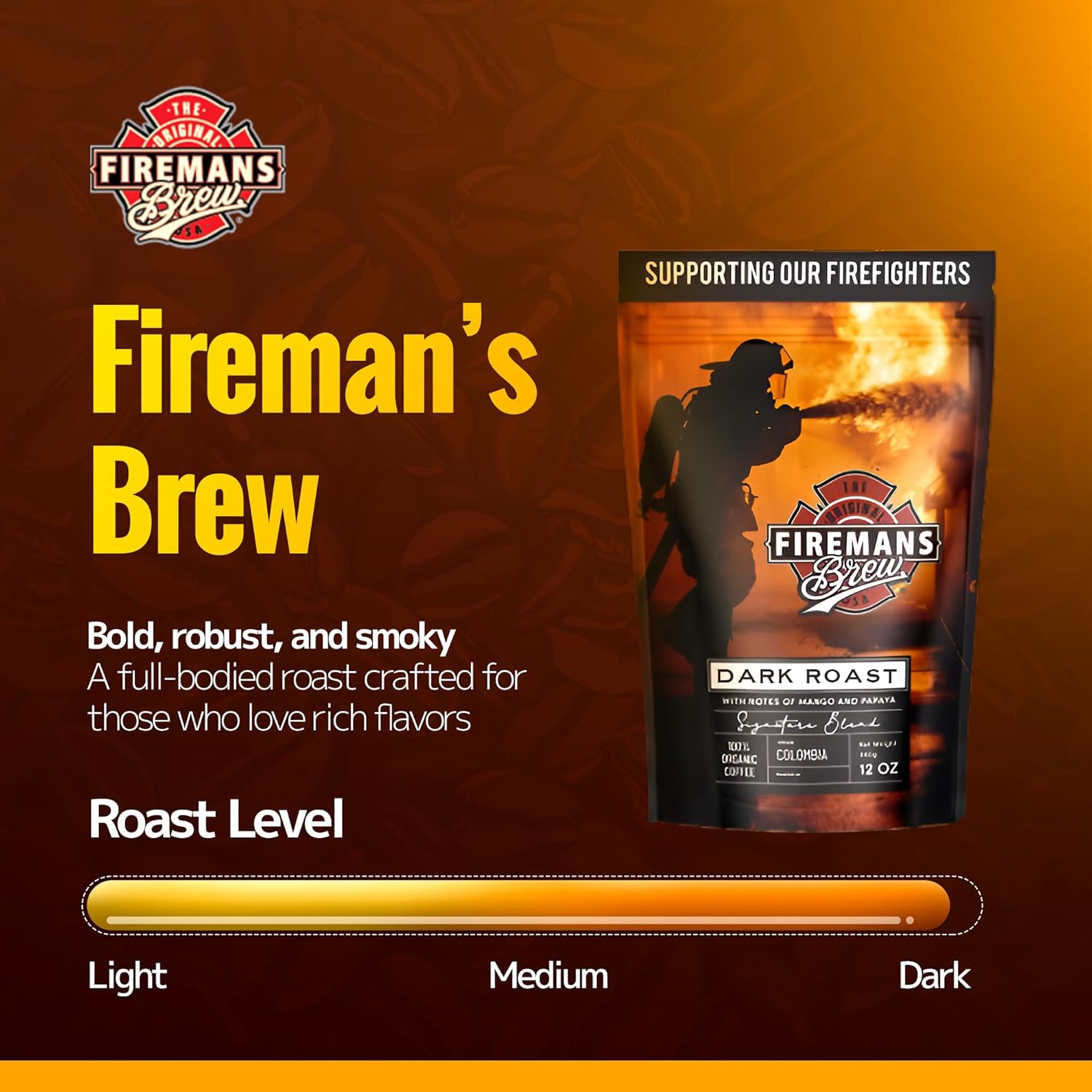 Firemans Brew Dark Roast Coffee – Bold & Robust Ground Coffee – 100% Arabica Beans, Rich, Full-Bodied Flavor – Freshly Roasted Gourmet Coffee – Low Acid, Small Batch Coffee – Supports Firefighter Causes