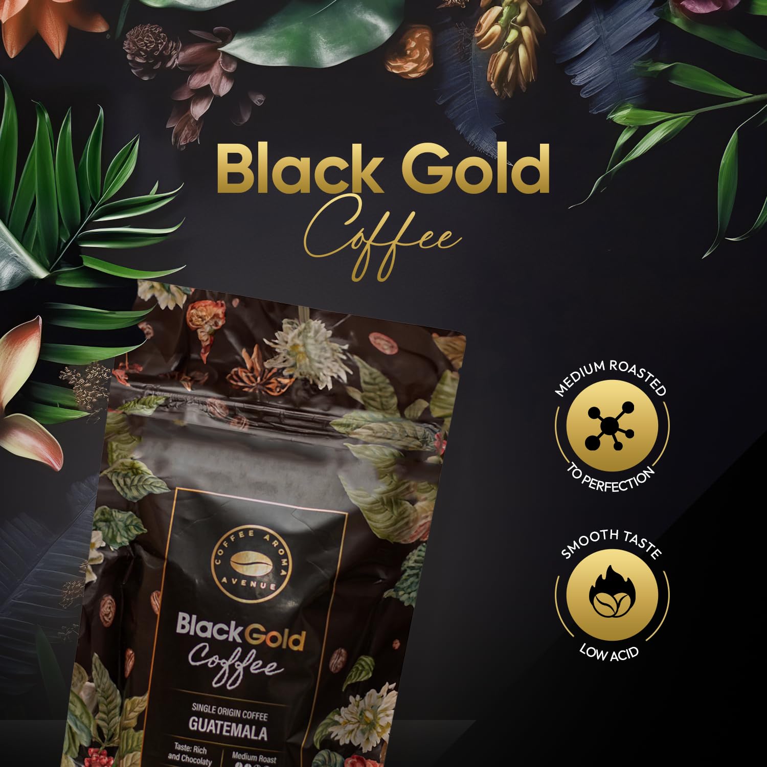 Black Gold – Organic Guatemalan Coffee, Single Origin, 100% Arabica, Medium Roast Whole Bean, Low Acid, Smooth, Chocolatey Flavor – 16 oz Bag