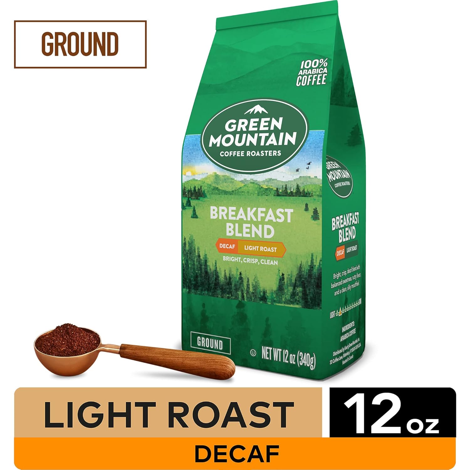 Green Mountain Coffee Roasters, Breakfast Blend Decaf, Ground Coffee, Decaffeinated, Light Roast, Bagged 12oz. (Pack of 2)