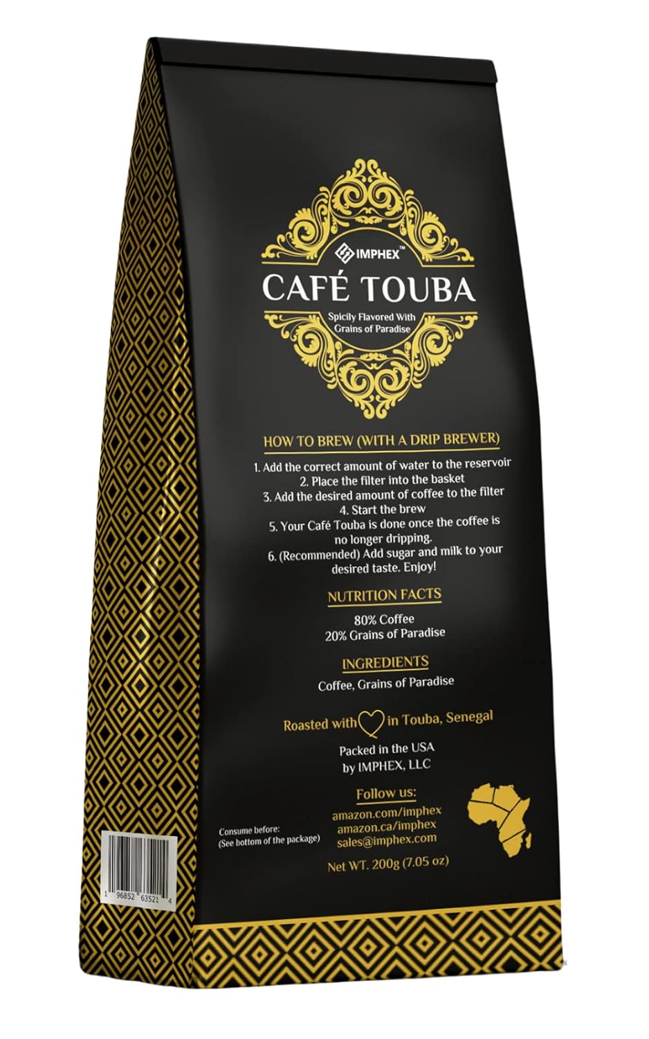 Imphex Cafe Touba | Premium Senegalese Coffee | Spicily Flavored With Grains of Paradise | 200g (7.05 oz) | Ground | Medium Roast