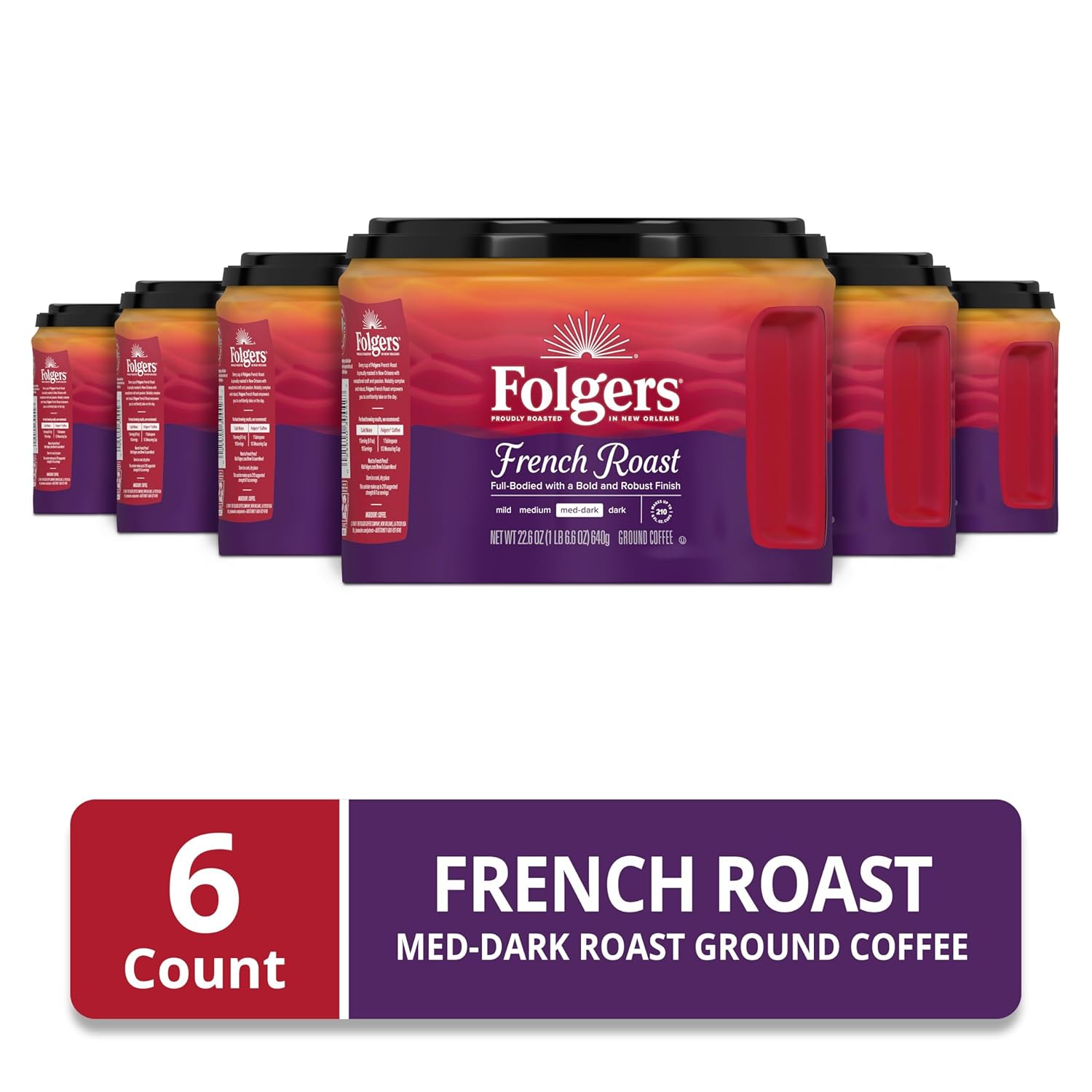 Folgers French Roast Medium Dark Roast Ground Coffee, 22.6 Ounces (Pack of 6)