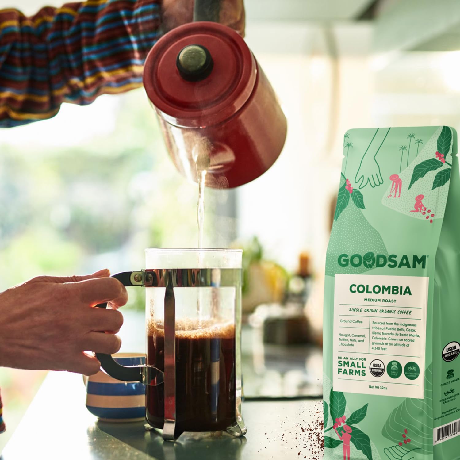 GoodSAM Organic Ground Coffee, Medium Roast 2lb, Colombian Single Origin, Non GMO Arabica Beans, Vegan, Keto, Regenerative Farming, Direct Trade