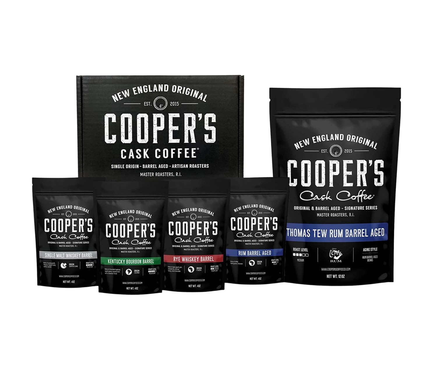 Rwanda Rum Barrel Aged Coffee - Ground 12oz and Bourbon & Whiskey Barrel Aged Coffee - Ground - 4 Bag Coffee Set 16oz