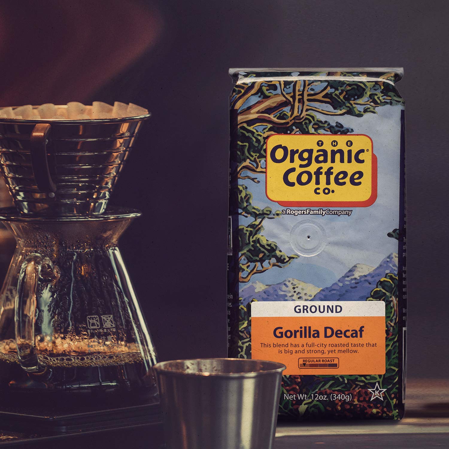 Organic Coffee Co. Gorilla Decaf Ground Coffee 12 Ounce Medium Light Roast Natural Water Processed Decaffeinated USDA Organic