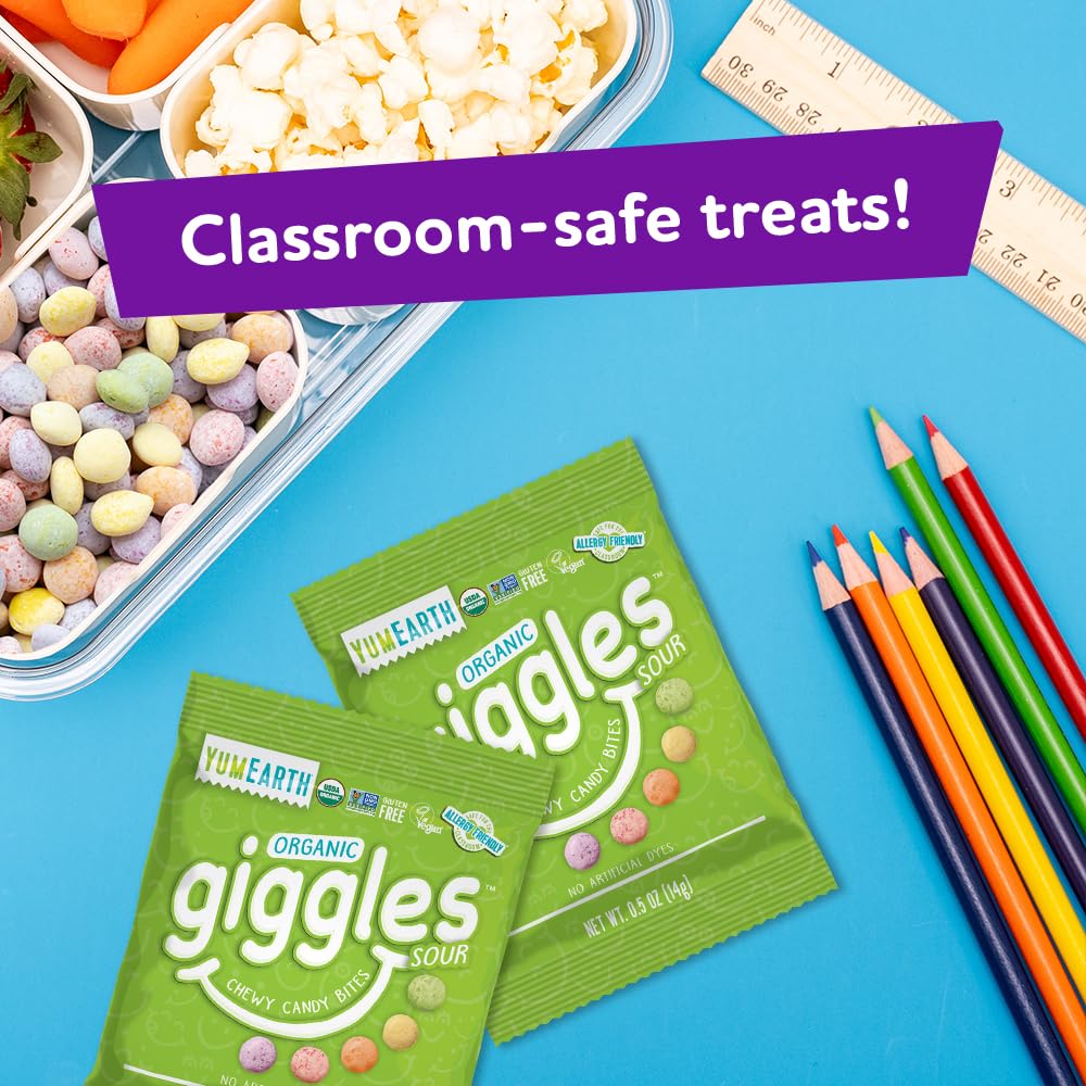 YumEarth Organic Sour Giggles Chewy Candy – Allergy Friendly, No Artificial Dyes, Non GMO, Gluten Free, Sour Fruit Flavored, Vegan Candy Snacks with No Artificial Flavors, 0.5 ounce (Box of 15)