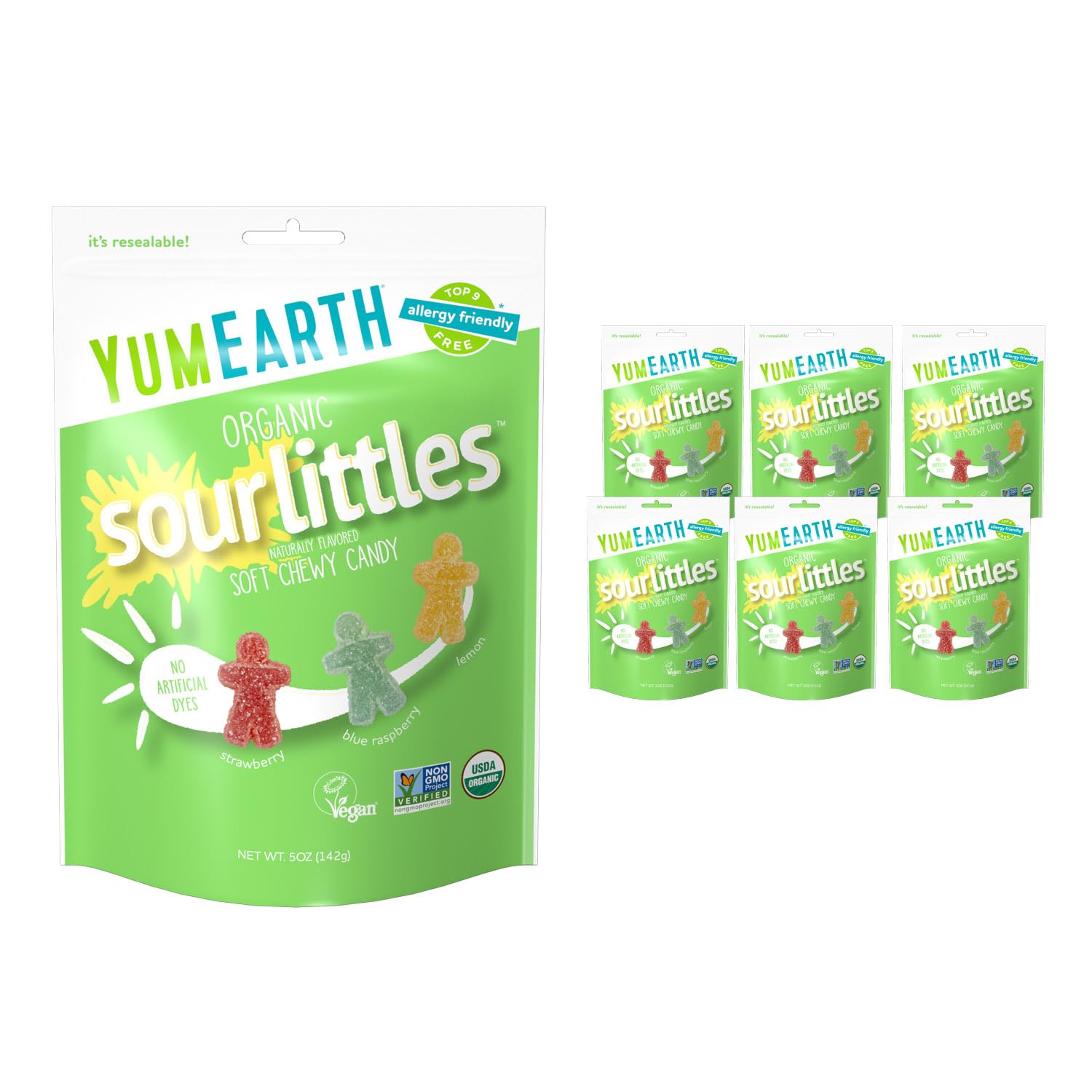 YumEarth Organic Sour Littles Chewy Candy - Allergy Friendly (Top 9 Free), No Artificial Dyes or Flavors, Non GMO, Gluten Free, Vegan Candy Snacks - 5 Ounce Bag (Pack of 6)