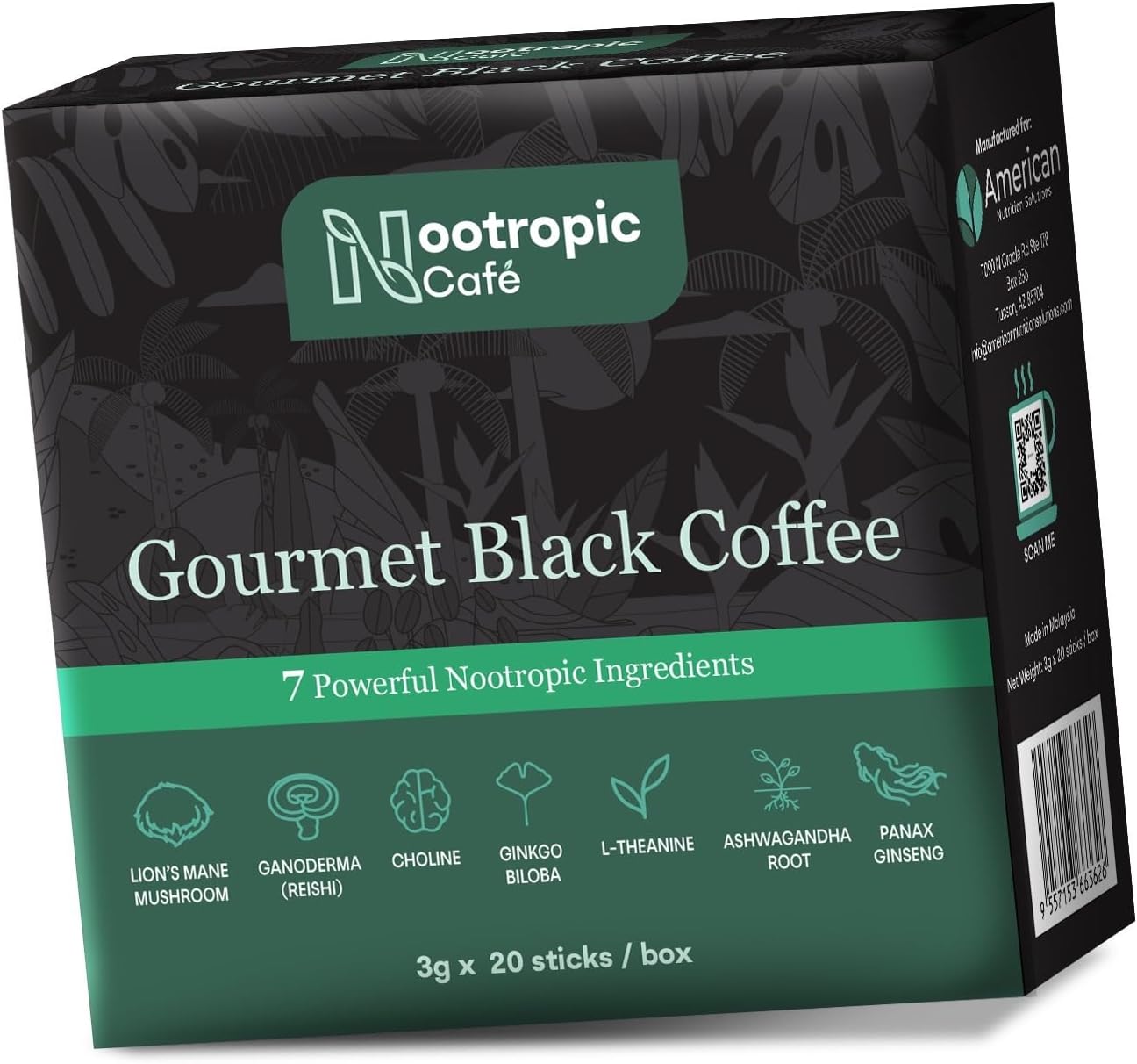 Brain Boosting Mushroom Coffee – Lion’s Mane, Ginkgo Biloba, Ashwagandha, L-Theanine, Choline – Focus & Mood Support – 20 Servings