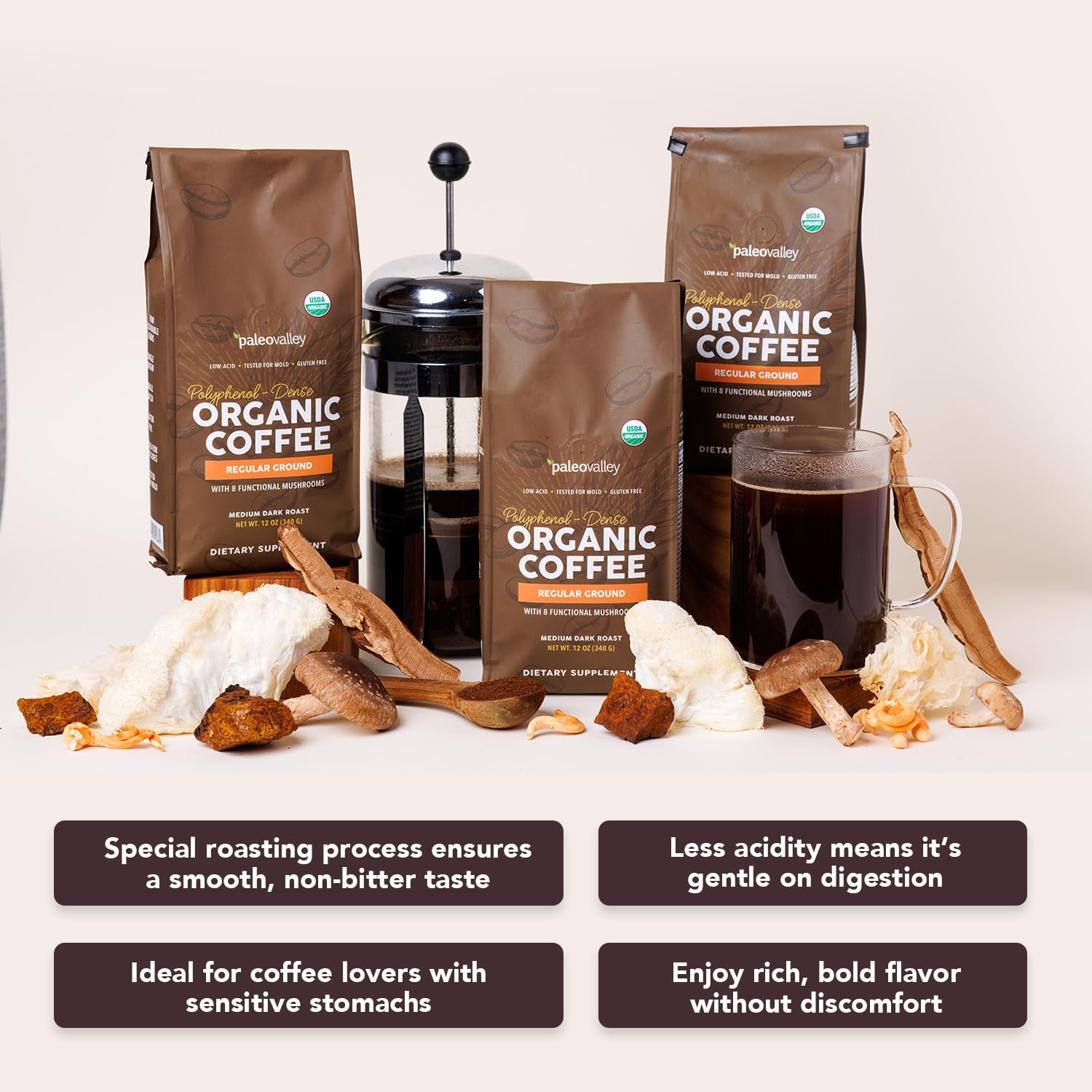 Paleovalley Organic Coffee Bundle – Regular + Decaf Ground Coffee – 2-Pack – Single-Origin, Low Acid, Mushroom Infused – Clean, Functional Daily Brew
