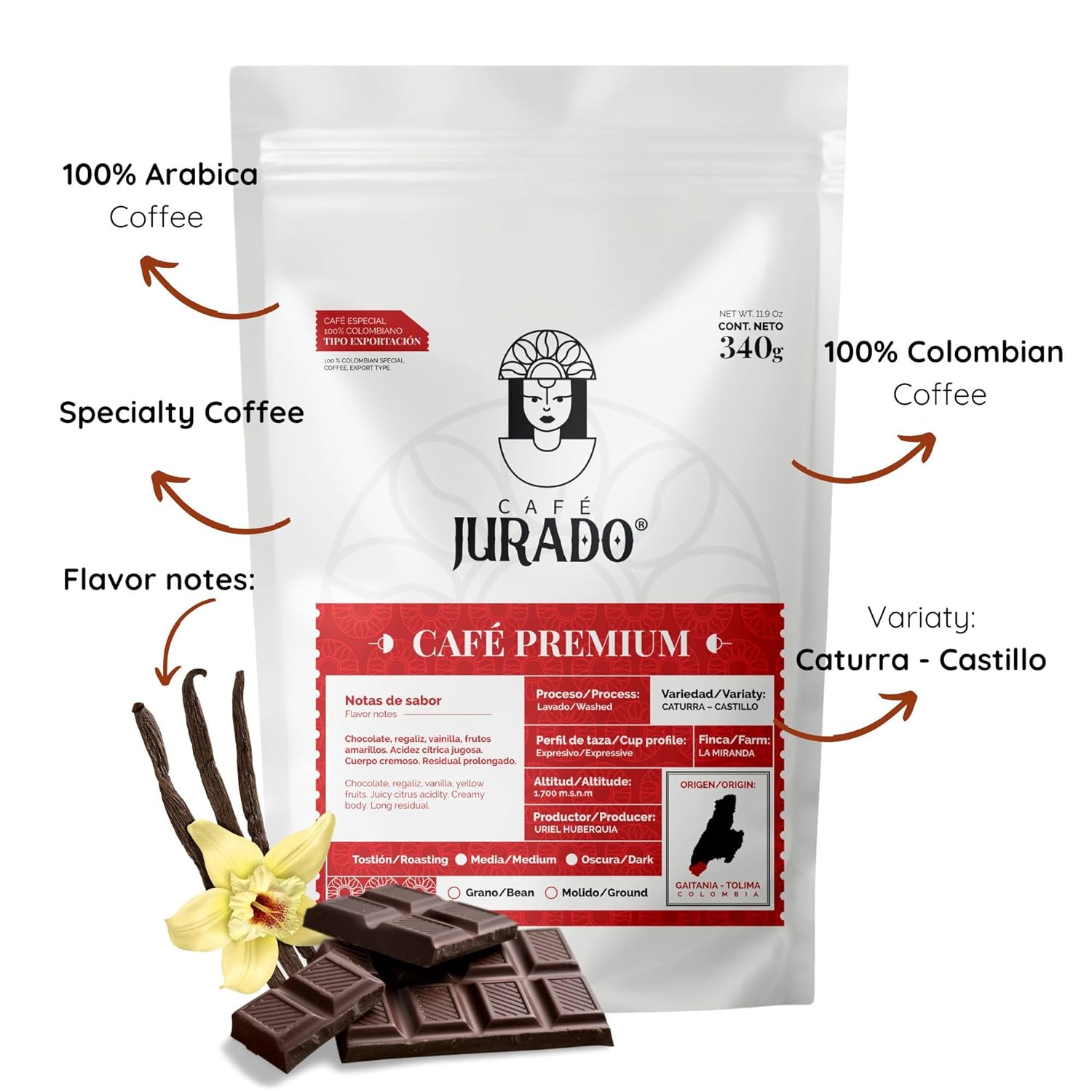 Cafe Jurado, Colombian Specialty Premium, Ground Coffee, Arabic Quality, Colombian Coffee, Extended Sweet Aroma, Chocolate Vanilla Notes, Medium Roasted - 11.9 Ounces