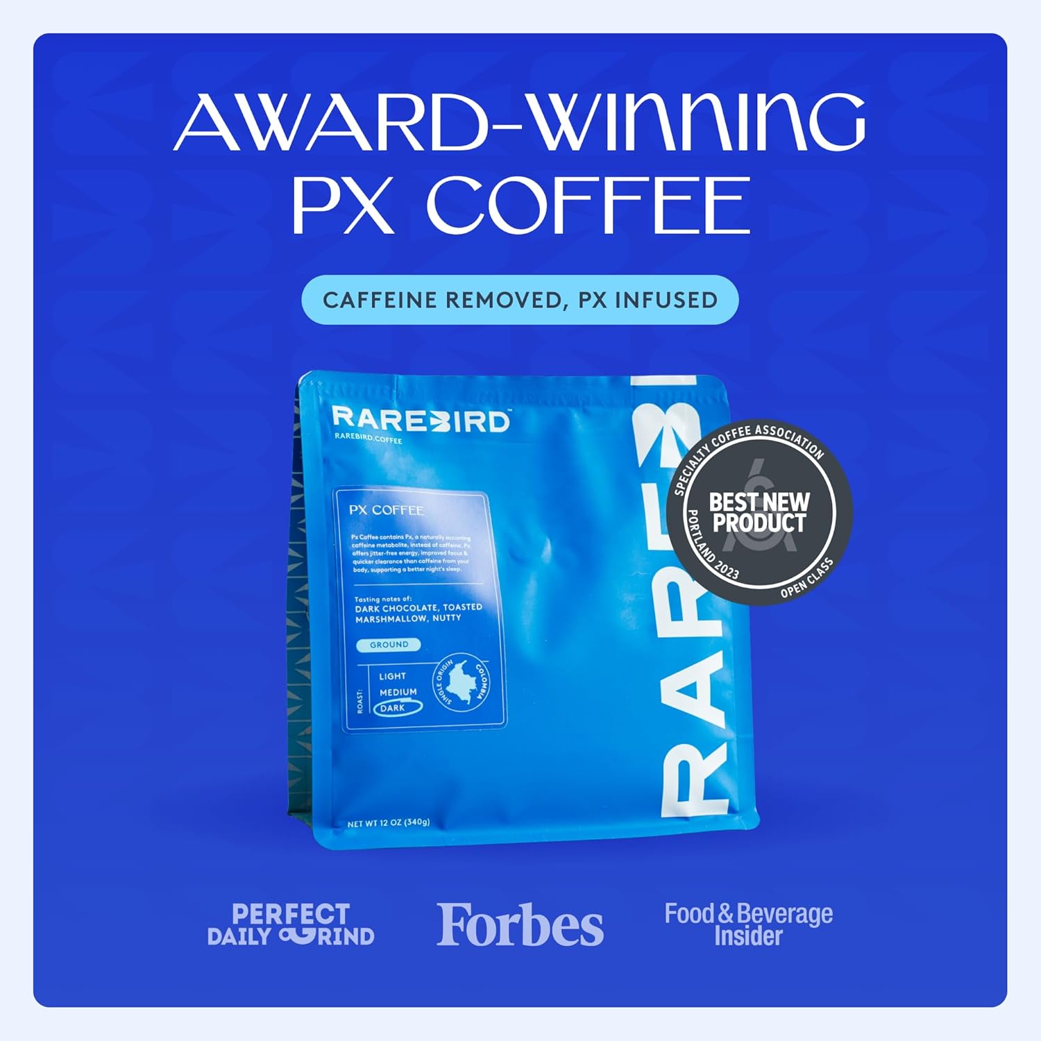Rarebird Px Coffee – Award-Winning Dark Roast with Paraxanthine | Low Acid Single-Origin Decaf Coffee | Smoother Energy, Enhanced Focus, Better Sleep | Ground, 12oz (56 Servings)