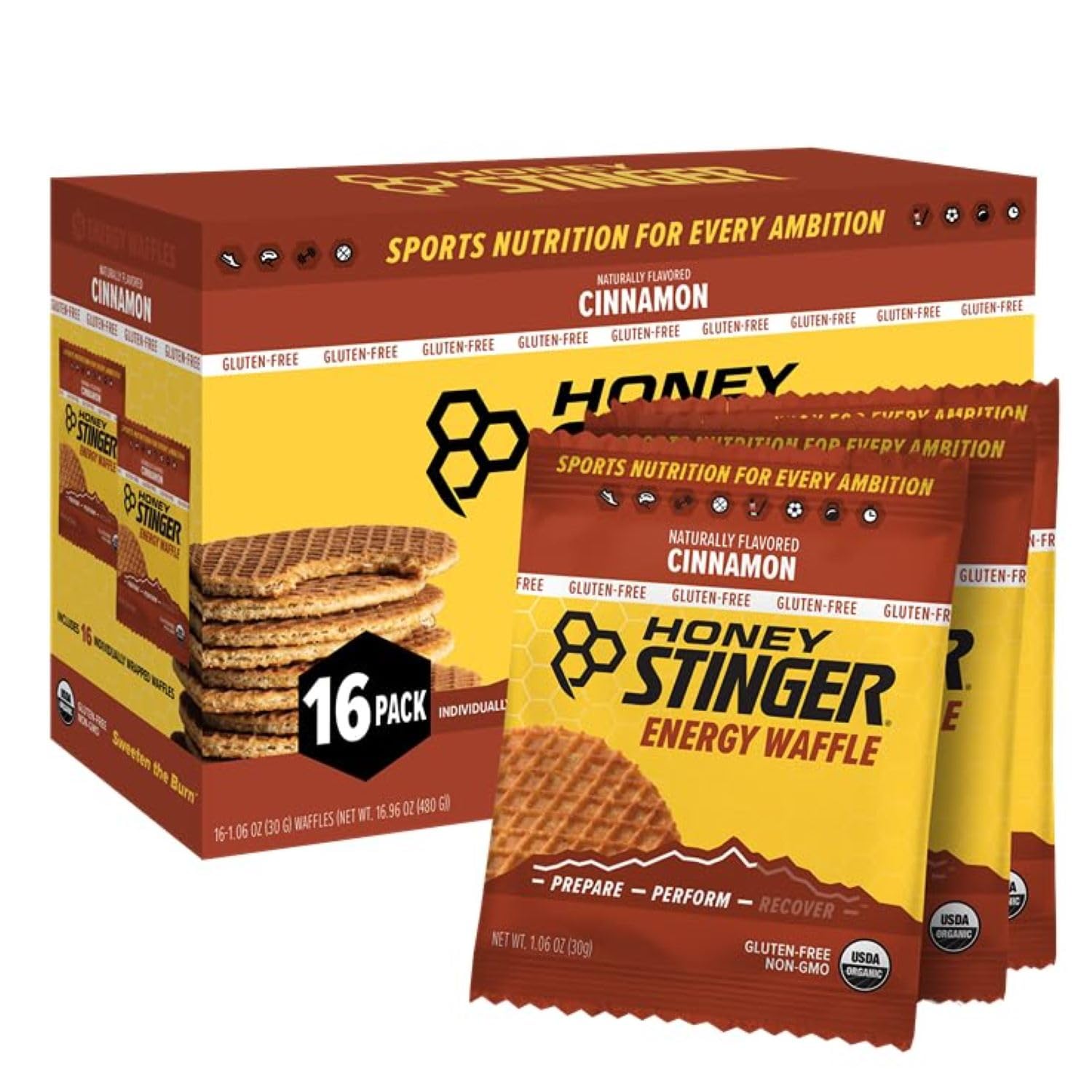 Honey Stinger Organic Gluten Free Cinnamon Waffle | Energy Stroopwafel for Exercise, Endurance and Performance | Sports Nutrition for Home & Gym, Pre and Post Workout | Box of 16 Waffles, 16.96 Ounces