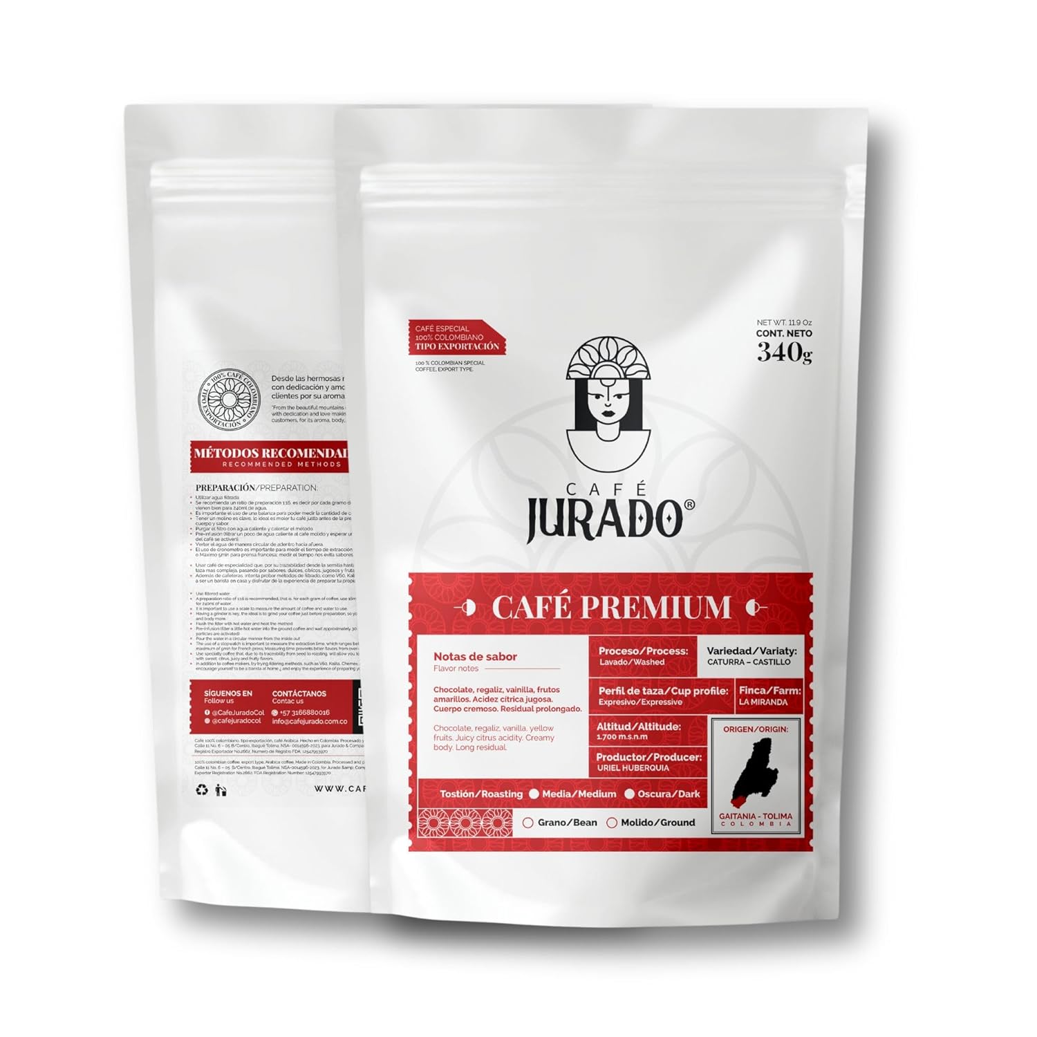 Cafe Jurado, Colombian Specialty Premium, Ground Coffee, Arabic Quality, Colombian Coffee, Extended Sweet Aroma, Chocolate Vanilla Notes, Medium Roasted - 11.9 Ounces