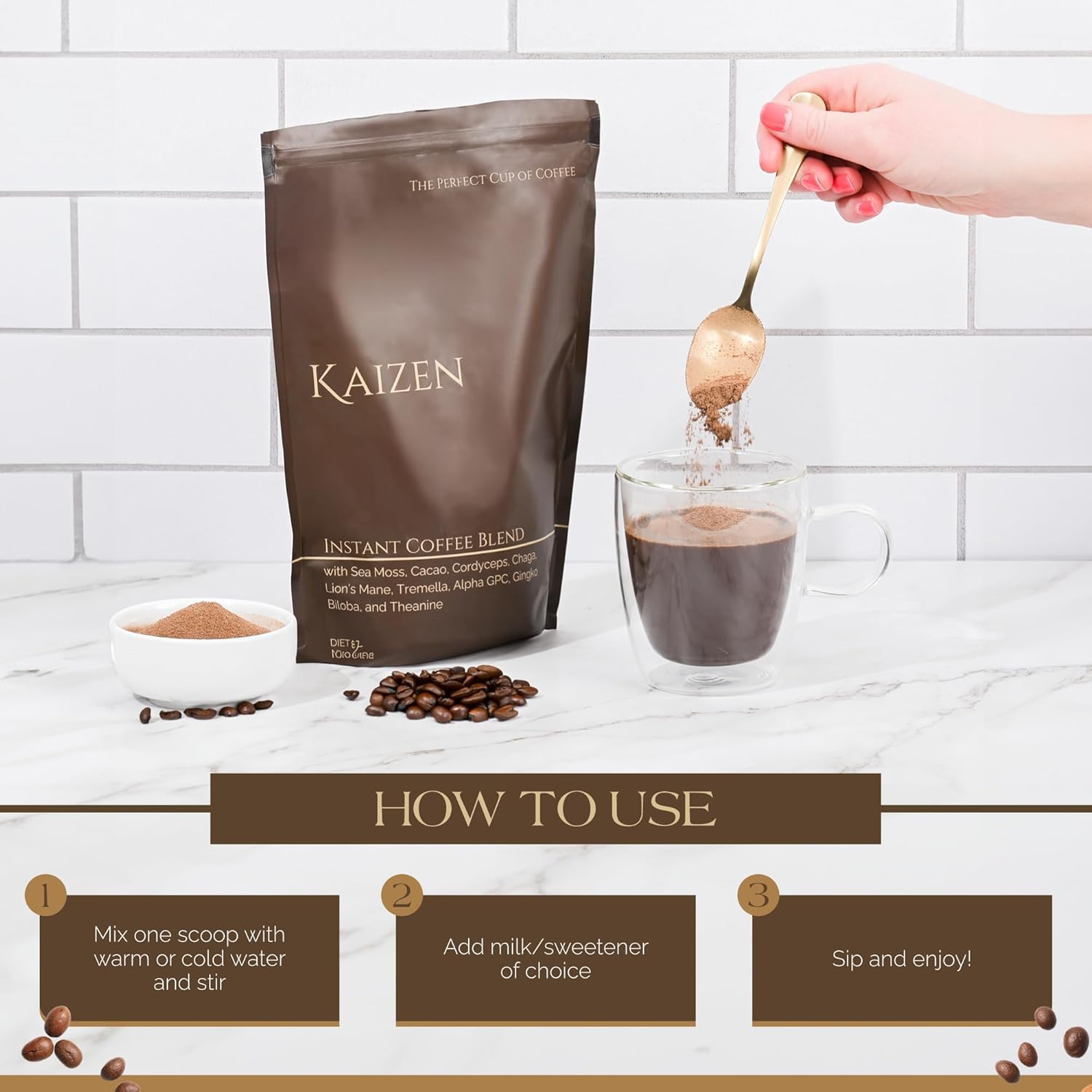 Kaizen Coffee - Premium Mushroom Nootropic Blend With Irish Sea Moss, Coffee, Mushrooms, Cacao, Theanine - Performance, Clarity, Energy, Wellness - Clean Caffeine - Adaptogenic Instant Powder - 12.7oz