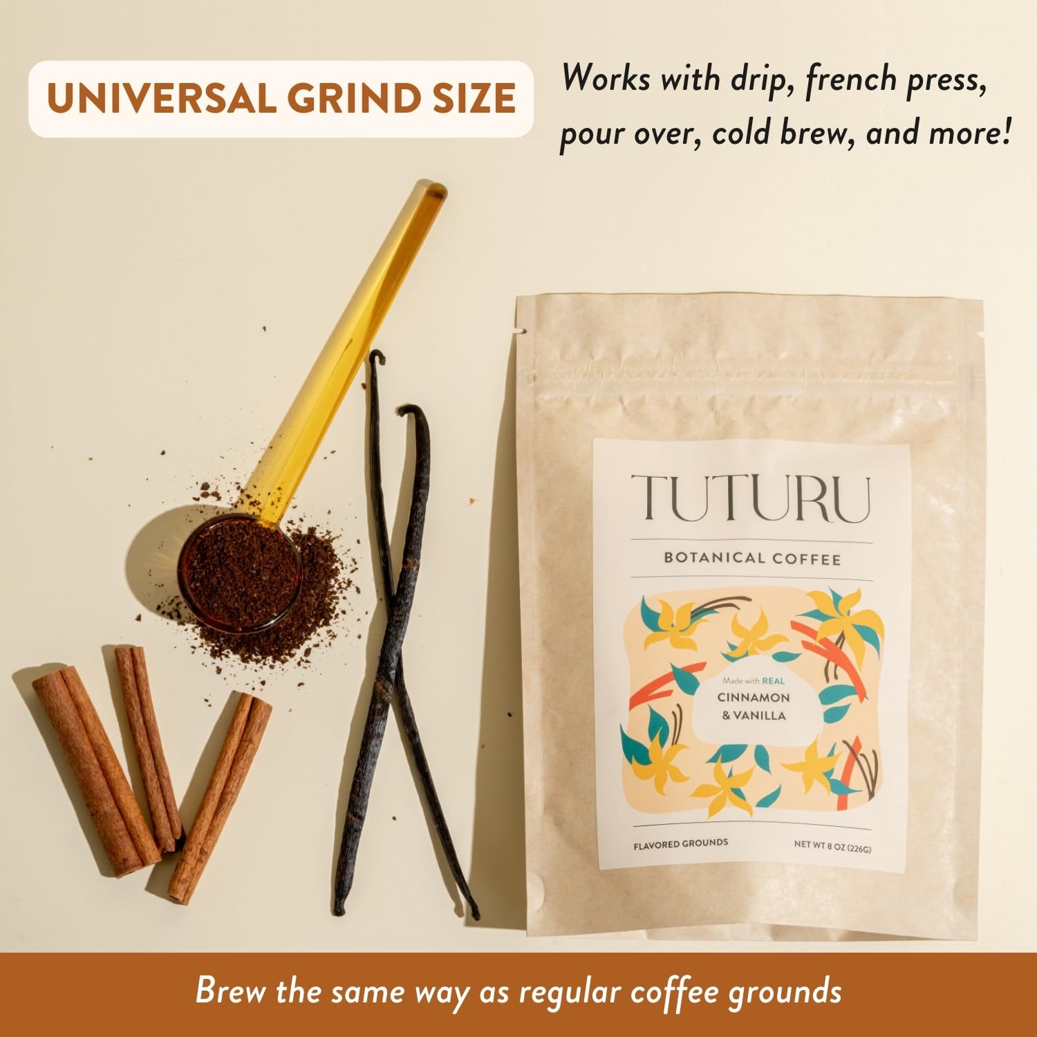 Cinnamon Vanilla Ground Coffee - Real Cinnamon & Vanilla - Medium Roast, Flavored Coffee - Smooth Low-Acid - Perfect for Drip, Pour Over or Cold Brew - 8 oz, 22 Servings