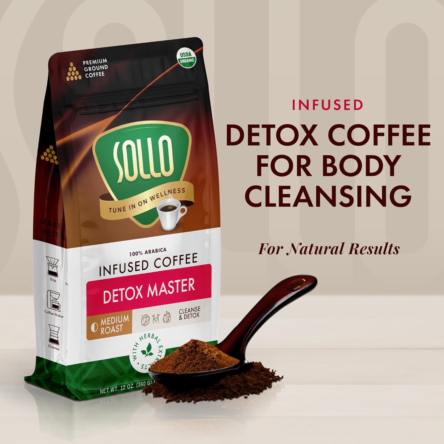 Sollo Detox Ground Infused Coffee for a Healthy Body Support, Medium Roast, Herbal with Garcinia, Ginseng Root, Goji, Cleanse & Digestive Health, 12 oz