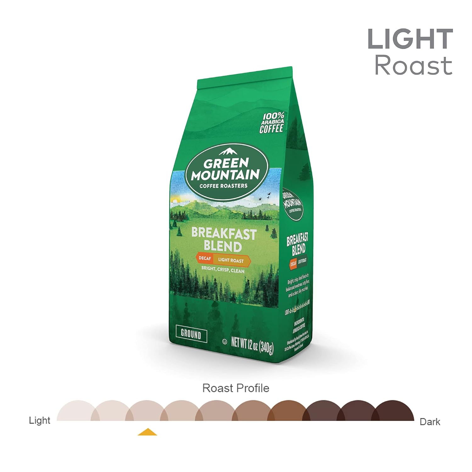 Green Mountain Coffee Roasters, Breakfast Blend Decaf, Ground Coffee, Decaffeinated, Light Roast, Bagged 12oz. (Pack of 2)