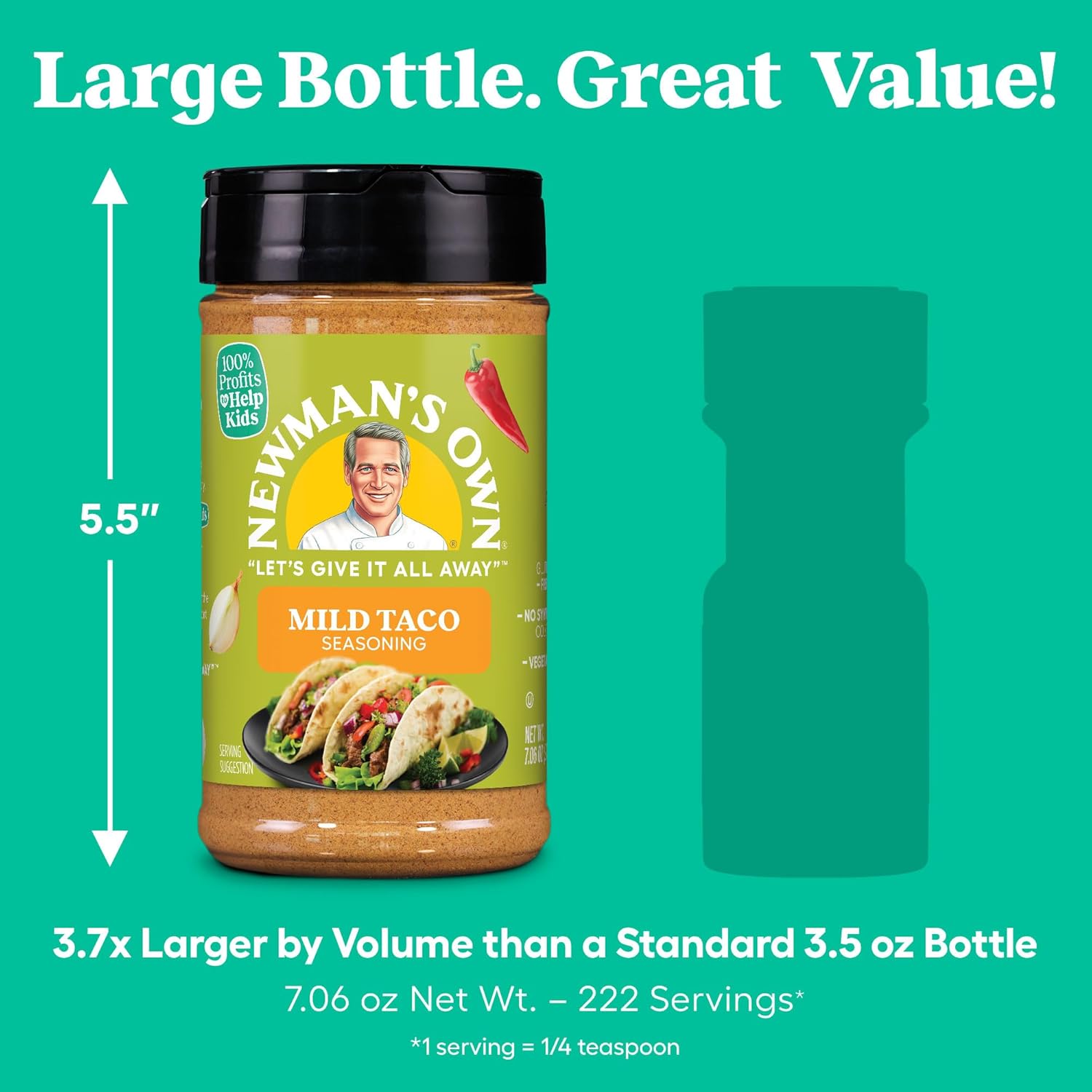 Newman's Own Mild Taco Seasoning; Great Zesty Flavor; Not Only Great on Tacos, Perfect Spices for Cooking Fajitas,Pork Belly, and Topping French Fries; No MSG, Gluten Free; Kosher; 7.06 Oz. Bottle