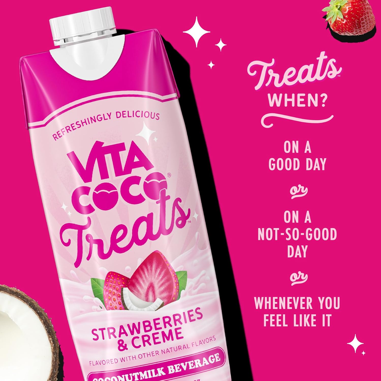 Vita Coco Treats Strawberries & Cream Coconut Milk Drink | Sweet, Creamy, Treat | Lower Sugar Pink Drink Alternative| 16.9 fl oz (Pack of 12)