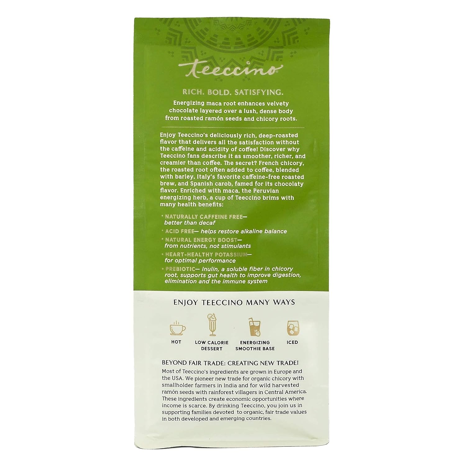 Teeccino Maca Chocolaté Chicory Coffee Alternative - Ground Herbal Coffee That’s Prebiotic, Caffeine Free & Acid Free, Dark Roast, 11 Ounce (Pack of 6)