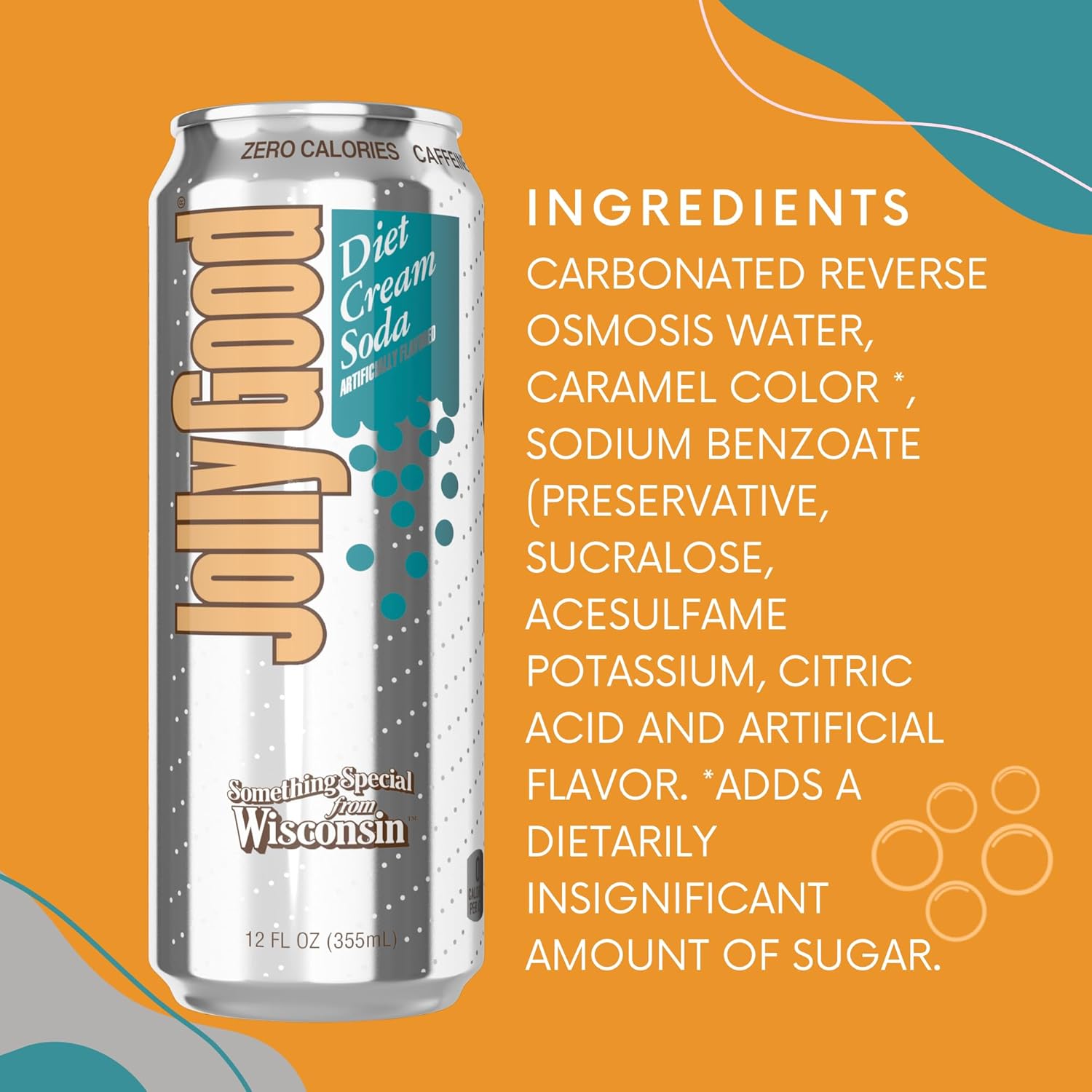 Jolly Good Diet Cream Soda, Low Calorie Soda Pop Drink, Caffeine Free Soft Drinks for Adults & Kids, Craft Soda for Mocktails & Cocktails, Made in America, Vegan, 12 Oz Cans, 12 Pack