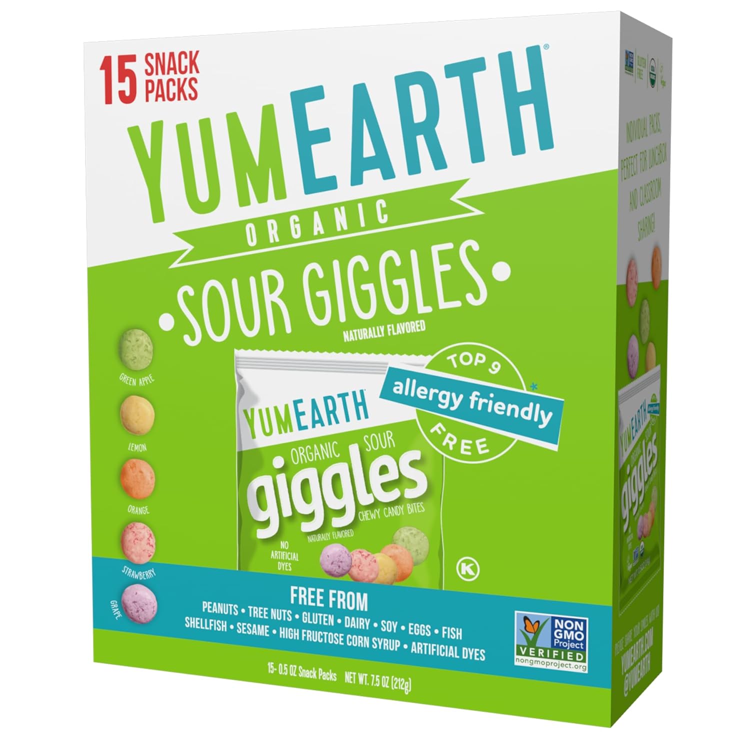 YumEarth Organic Sour Giggles Chewy Candy – Allergy Friendly, No Artificial Dyes, Non GMO, Gluten Free, Sour Fruit Flavored, Vegan Candy Snacks with No Artificial Flavors, 0.5 ounce (Box of 15)