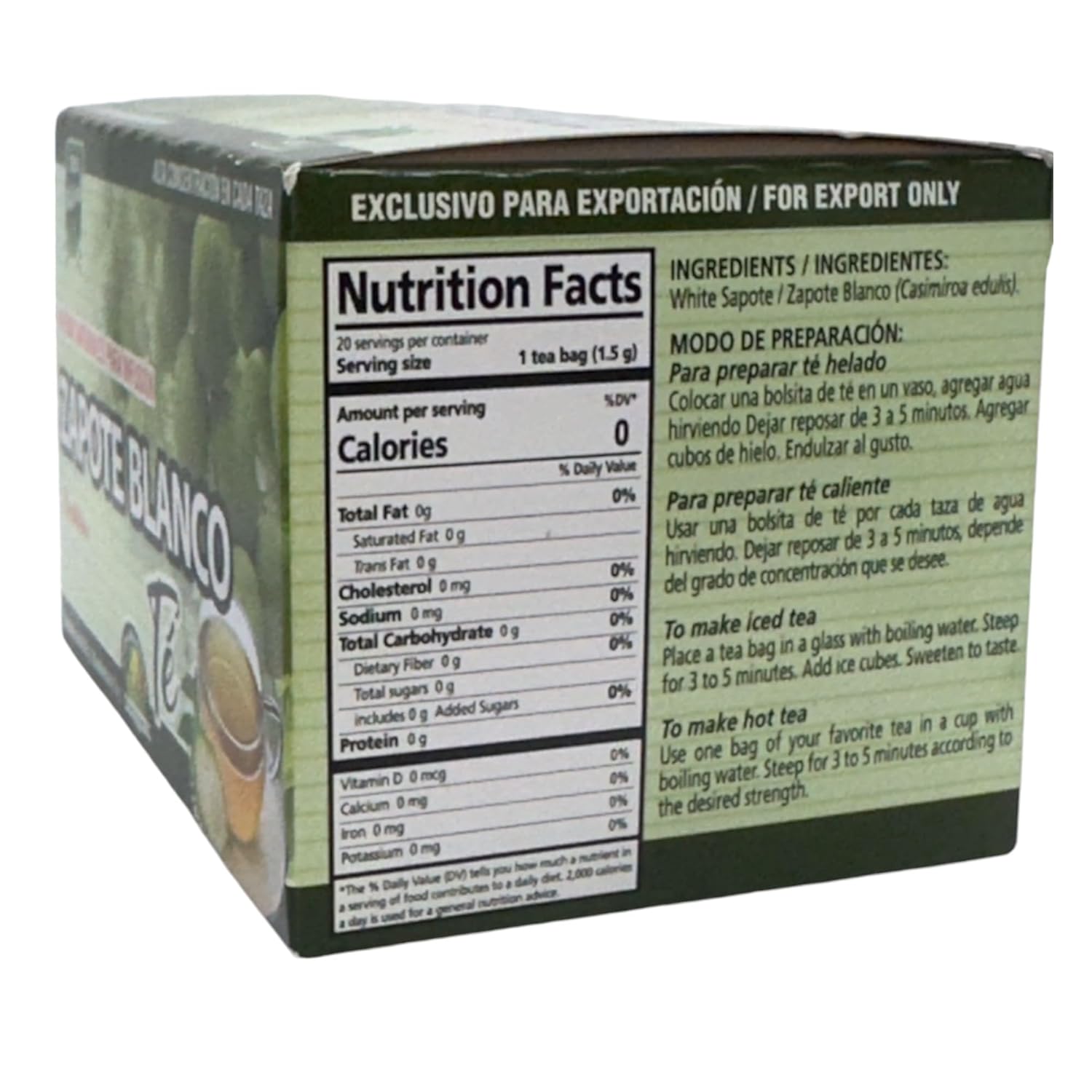 Zapote Blanco TE (WHITE SAPOTE TEA) 20 tea bags 100% NATURAL High Concentration in each cup