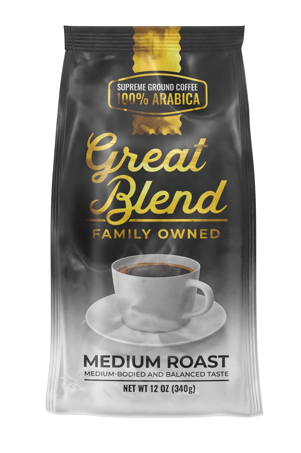 Great Blend Supreme 100% Arabica Medium Roast Gourmet Ground Coffee, Non-GMO, 100% Pure and Natural Coffee, Medium Bodied and Balanced Taste, 12 Ounce Bag