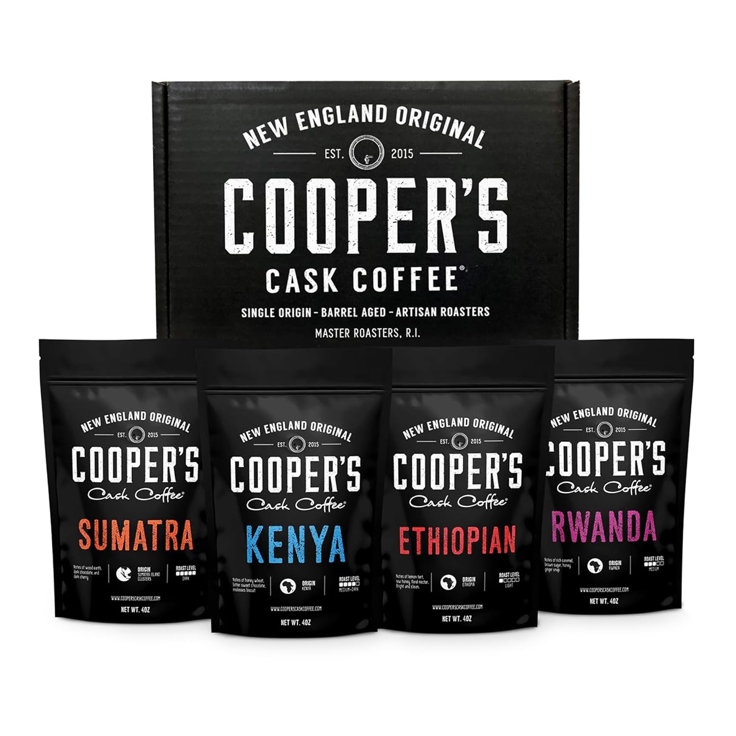 Gourmet Coffee Sampler Gift Box Set, Roasted Coffee Beans, Sumatra Dark, Kenya AA Medium-Dark, Rwanda Medium, Natural Ethiopian Light, Whole Bean, 4 Bags, 16 oz Total