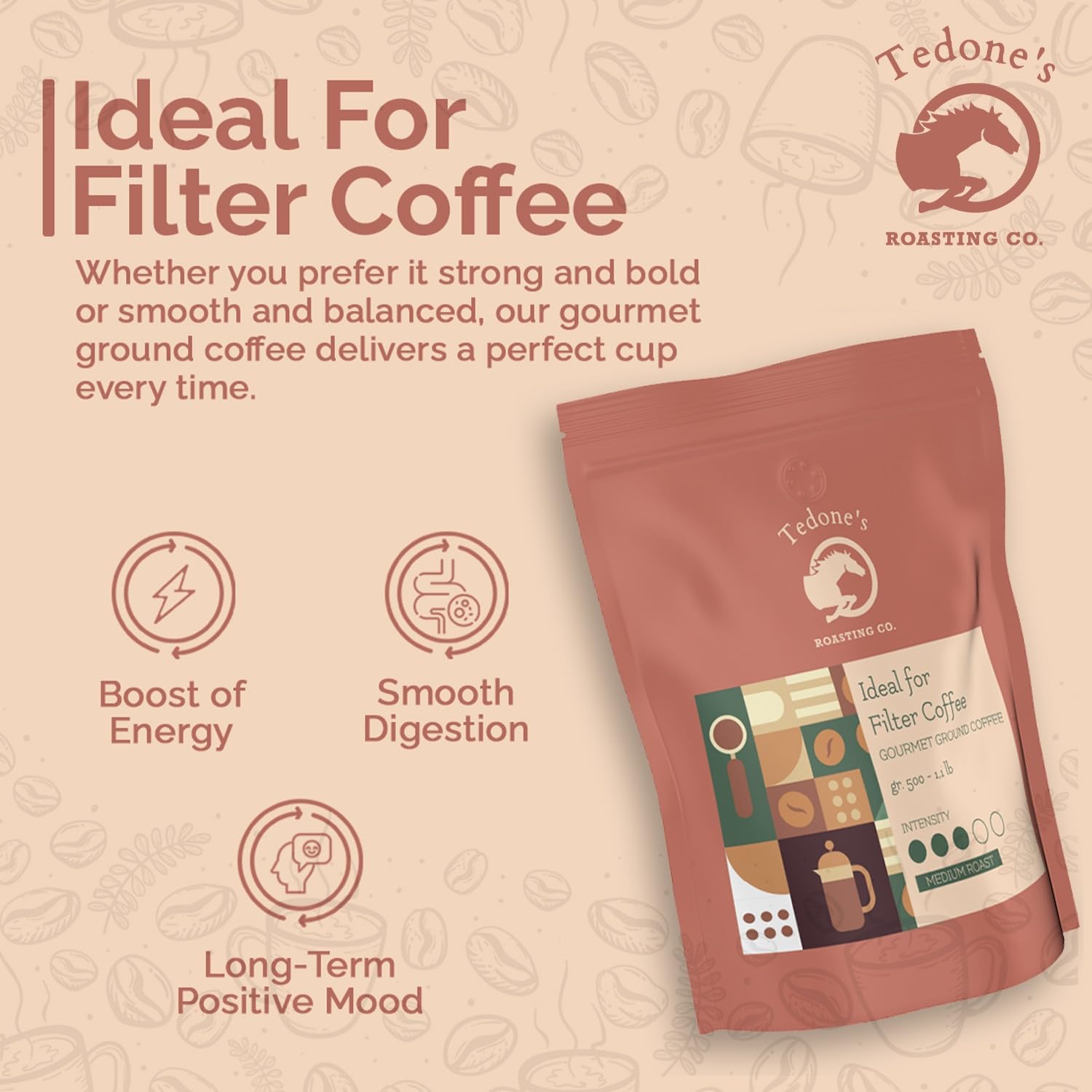 Tedone's Ground Coffee Medium Roast - Rich Italian Roast Flavor Gourmet Coffee, Coarse Ground Coffee for French Press 18 oz