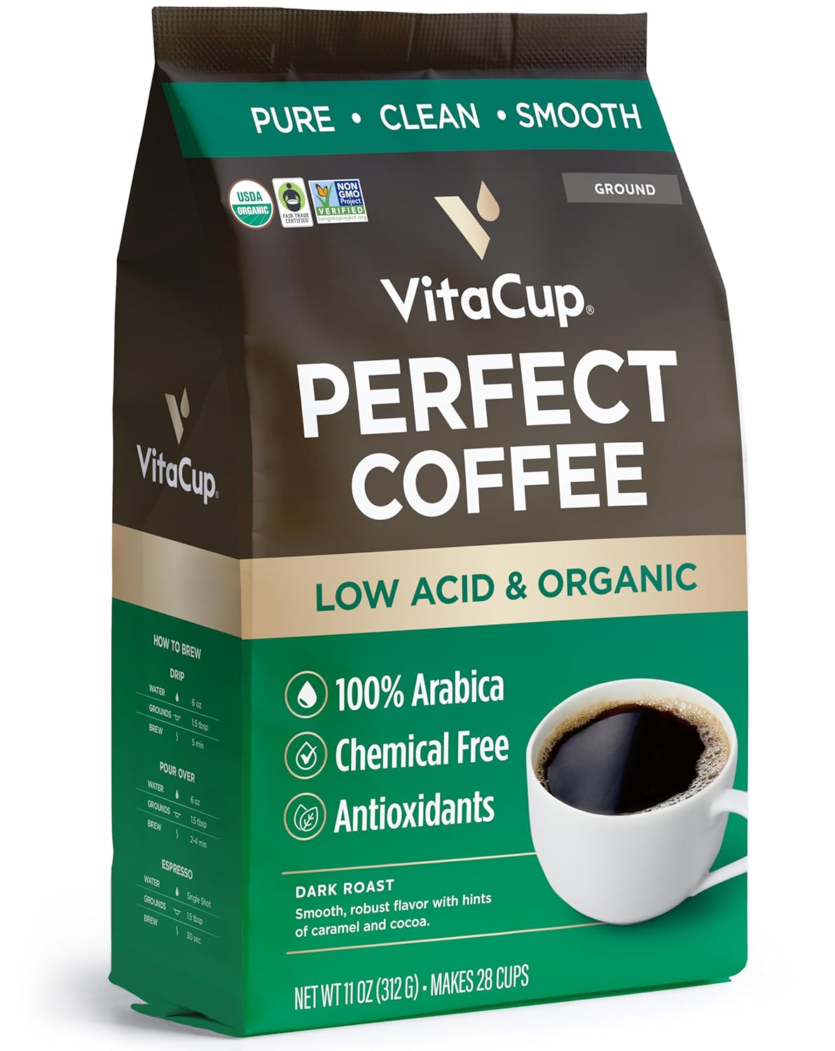 VitaCup Perfect Low Acid Ground Coffee, 11 oz & Keto + Collagen Vanilla Creamer, 10 oz | Infused with Superfoods (Collagen, Coconut Water, MCT, Dairy-Free) for body and brain health