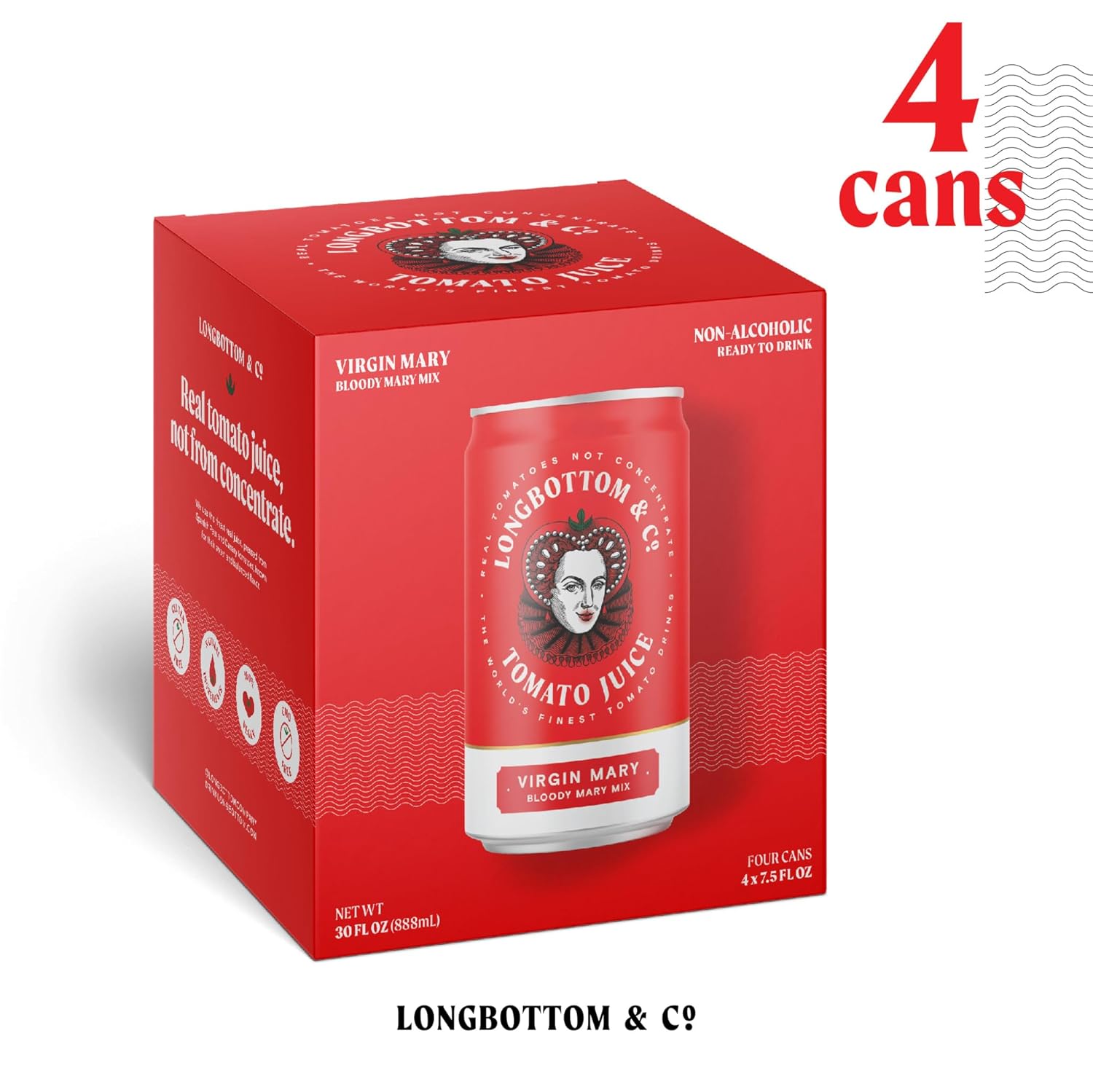 Longbottom & Co. Virgin Bloody Mary Mix/Tomato Juice | Premium Made with Fresh Pressed Tomatoes | Low in Sodium | 7.5 Fl Oz (4 Pack)