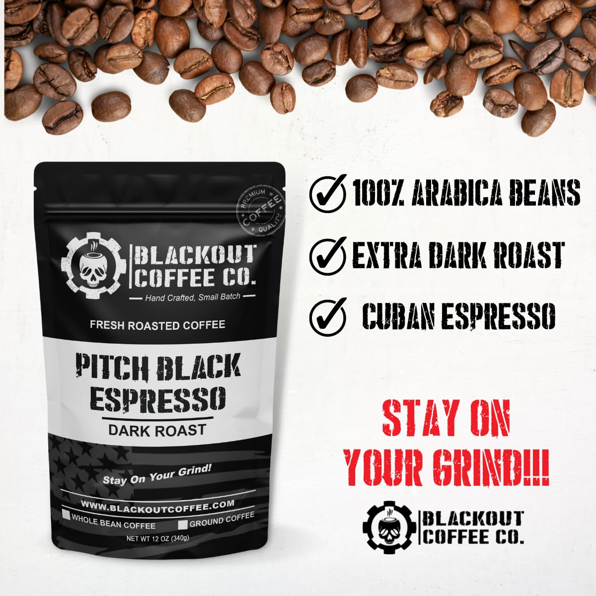 Blackout Coffee Pitch Black Espresso Extra Dark Roast - European-Style, Aromatic, Small Batch Freshly Roasted in the USA - 12 oz Bag (Medium Ground)