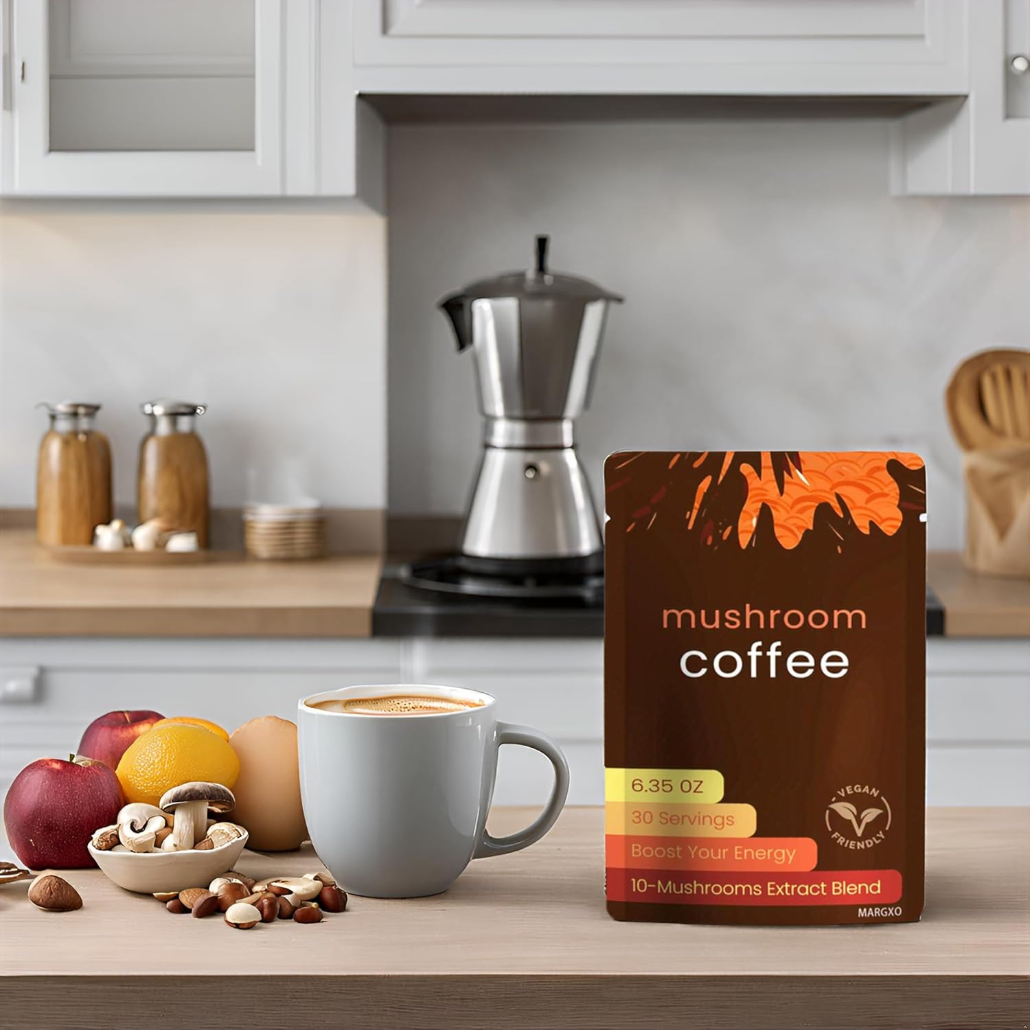 Mushroom Coffee, 6.35 oz, 30 Servings, 10-Mushrooms Extract Blend, Boost Your Energy, Contains Coconut Milk