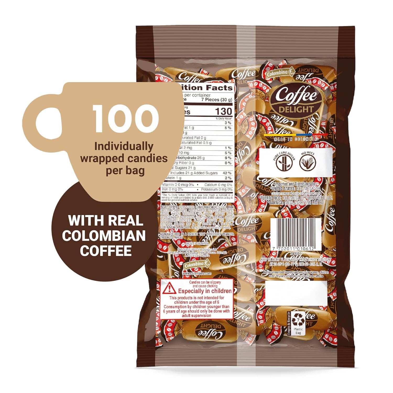 Colombina Coffee Delight Chewy Candy, Gluten-Free Soft Chewy Coffee Candies Made w/Authentic Colombian Coffee, 1 Pack (100 Count)