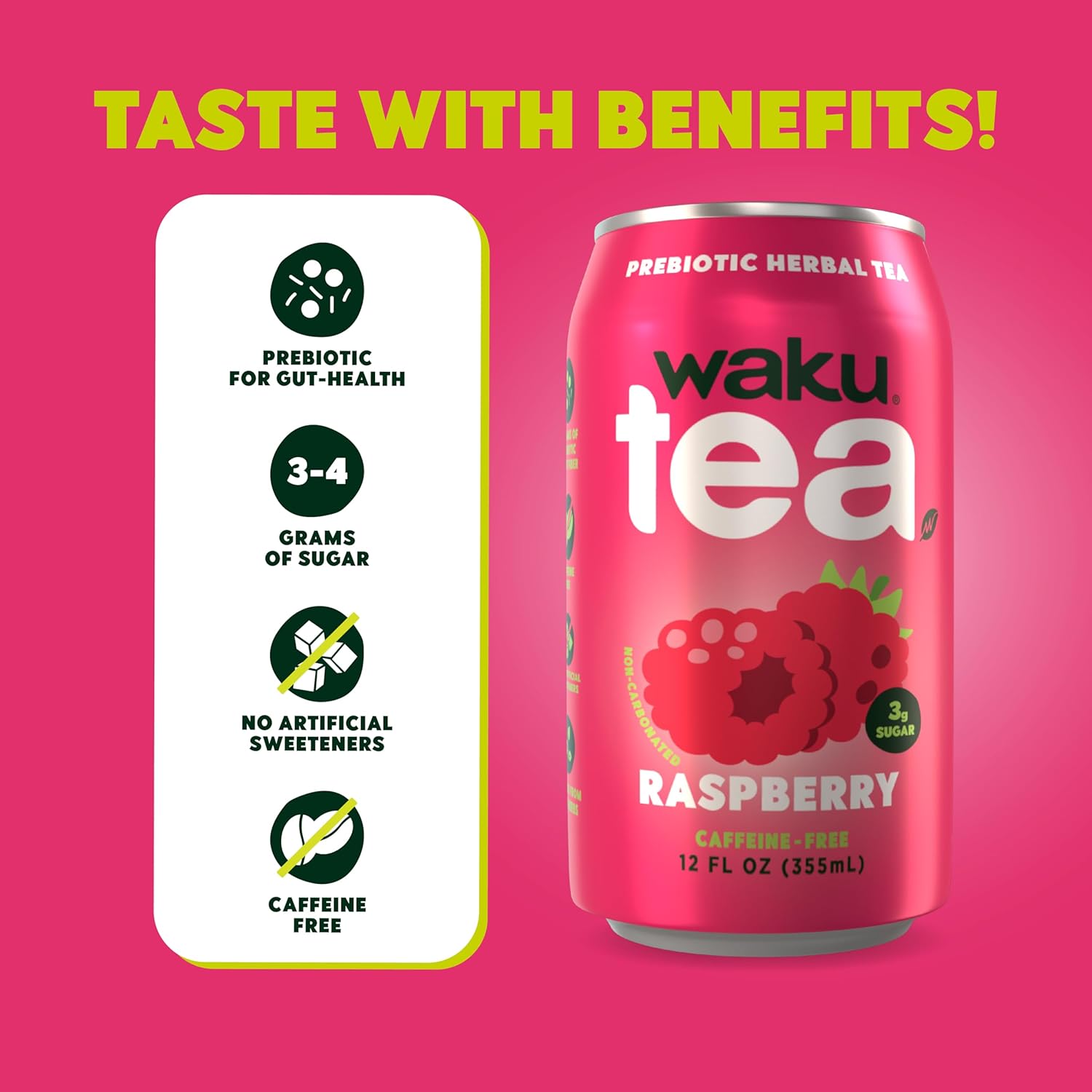 WAKU TEA, Prebiotic Herbal Tea, Raspberry, Supports Digestive & Gut Health, Keto Friendly, Zero Added Sugar, 5g Fiber, Caffeine Free, Natural Sweetner, 12 pack, 12oz Cans