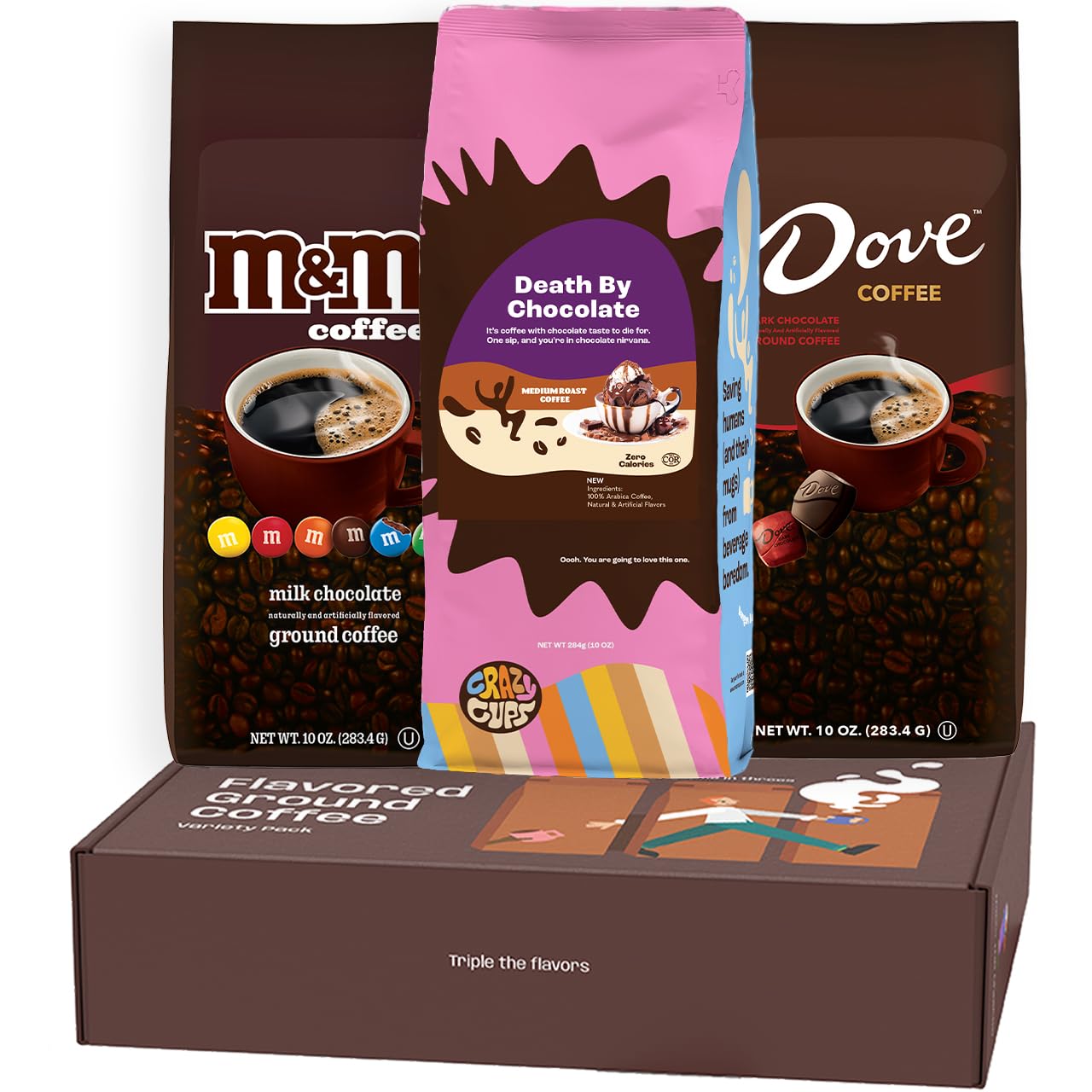 Perfect Samplers Flavored Ground Coffee Gift Box Variety Pack, M&M, Dove, Death by Chocolate Coffee Medium Roast Ground Coffee Sampler, 3 Pack