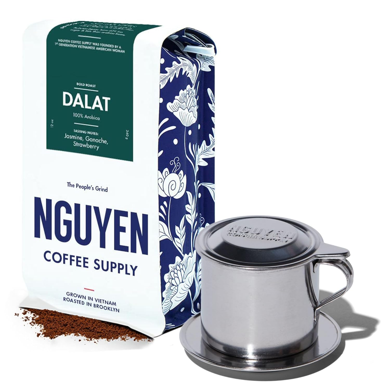 Nguyen Coffee Supply - Dalat Arabica Coffee and Stainless Steel 4oz Phin Filter Gift Set: Dark Roast Premium Ground Coffee [12oz Bag + 1 Filter]