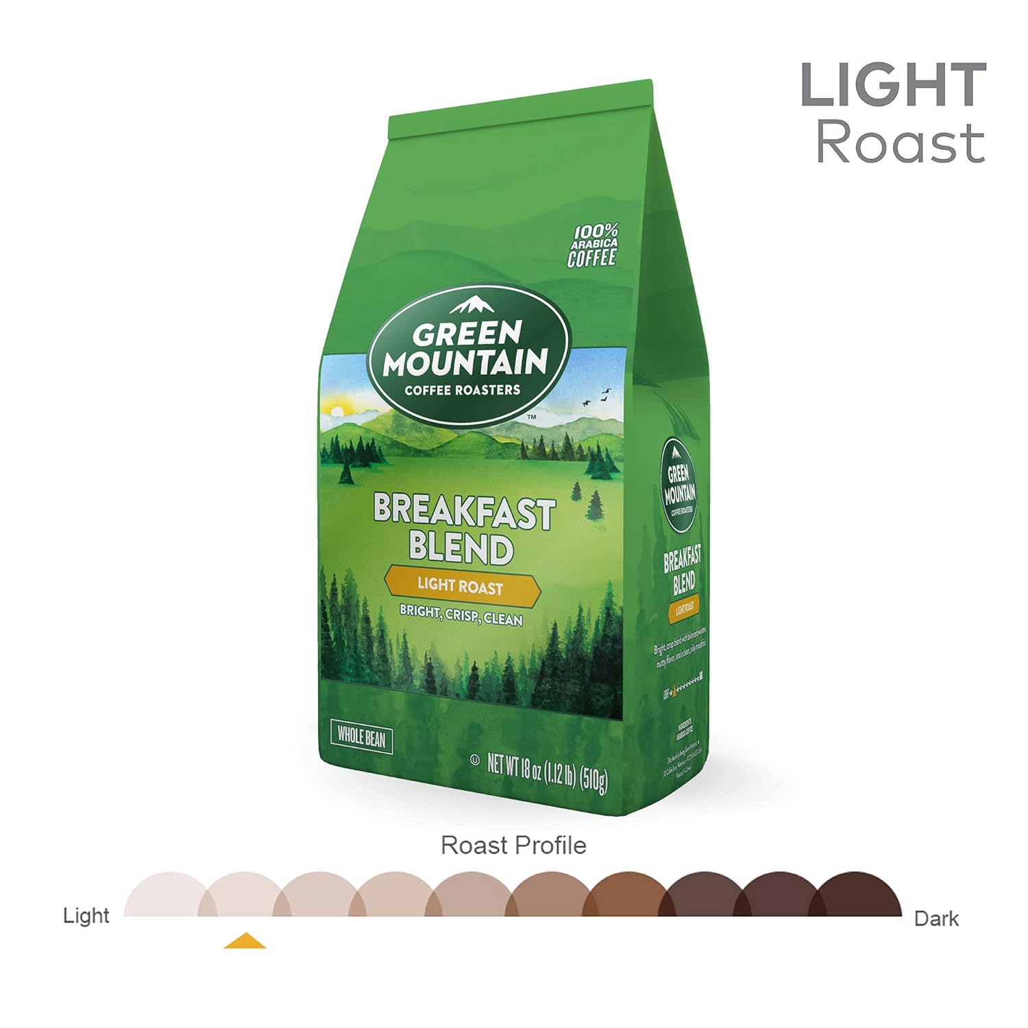 Green Mountain Coffee Roasters Breakfast Blend, Whole Bean Coffee, Light Roast, 18 Ounce (Pack of 2)