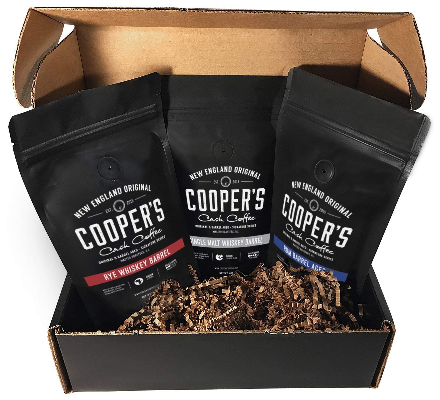 Rye Whiskey Barrel Aged Coffee - Single Origin Ethiopian Coffee Raw Beans Aged in Rye Whiskey Barrels - Ground 12oz and Bourbon Barrel Aged Coffee Set (Pack of 3) - Ground 4oz