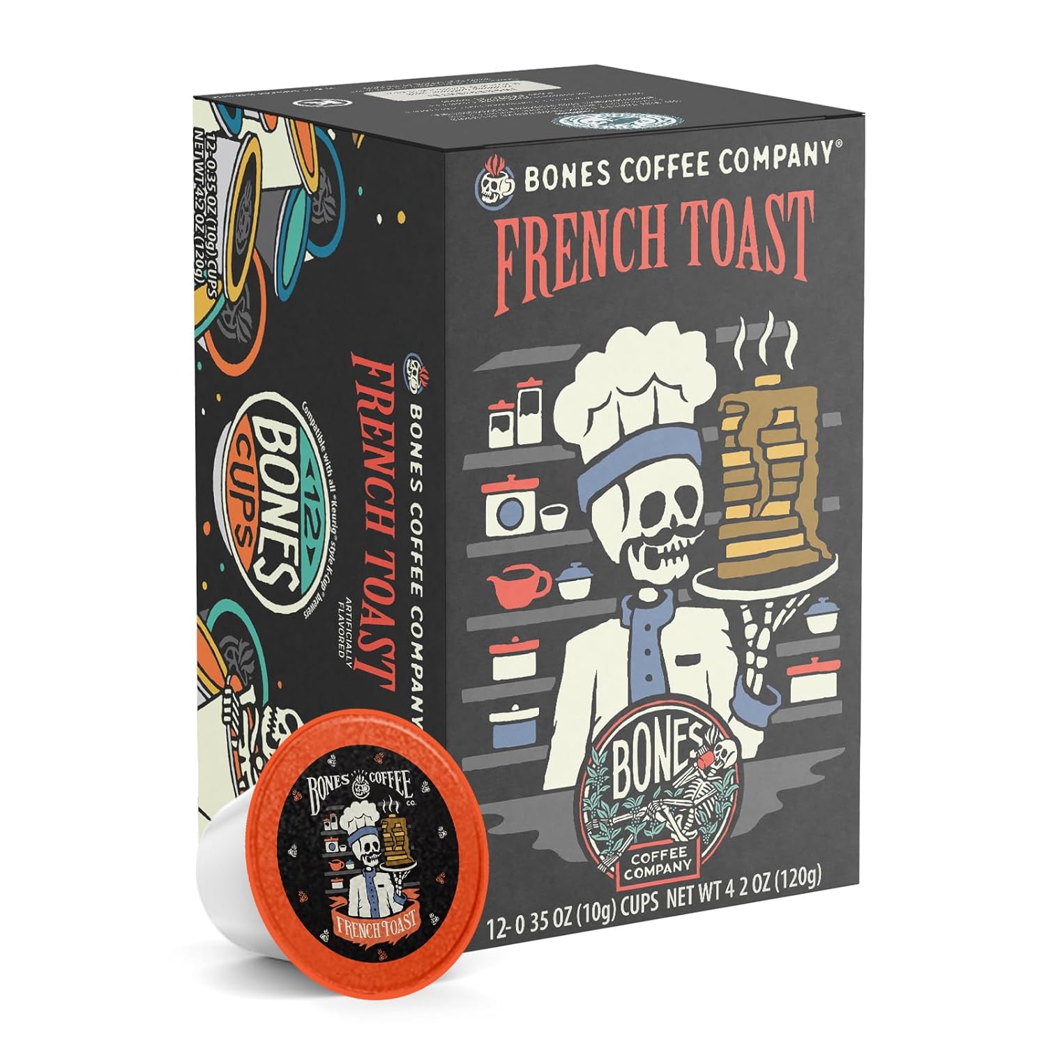 Bones Coffee Company Sinn 'O' Bun Ground Coffee Beans 12 oz and Bones Cups French Toast 12 ct Bundle