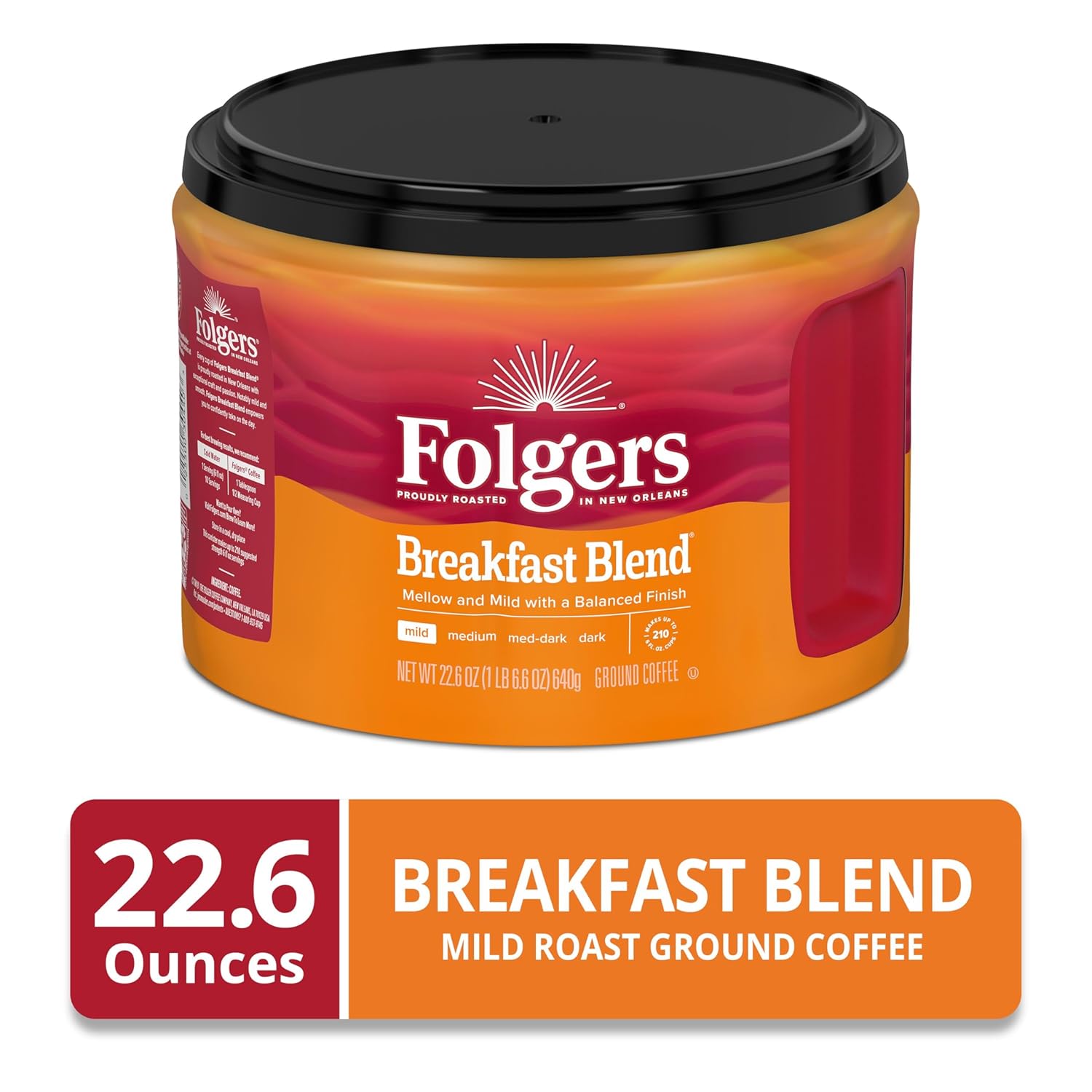 Folgers Breakfast Blend Ground Coffee, Smooth & Mild Coffee, 22.6 Ounce Canister