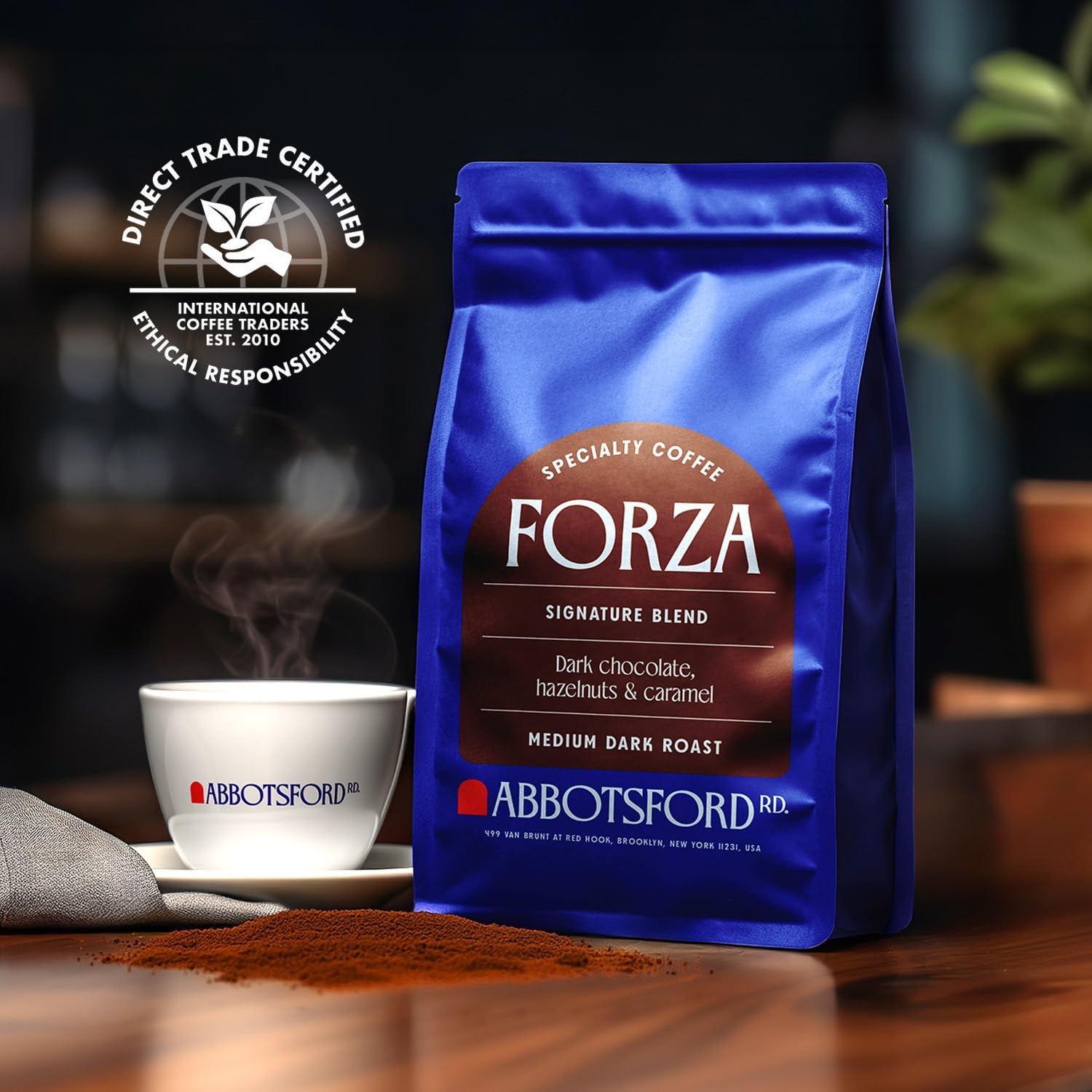 Forza Ground Coffee, Medium Dark Roast Ground Coffee, Bold Flavor with Dark Chocolate, Hazelnuts & Caramel, Specialty Coffee 12 oz Bag, Freshly Roasted in Brooklyn, Kosher Certified