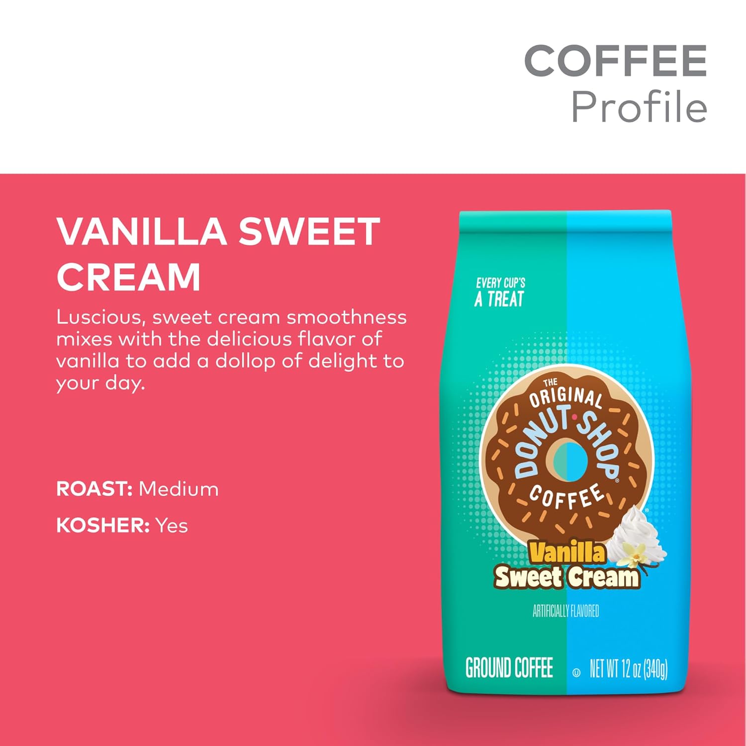 The Original Donut Shop Coffee, Vanilla Sweet Cream, Medium Roast, Flavored Ground Coffee, 12 oz Bag (Pack of 2)
