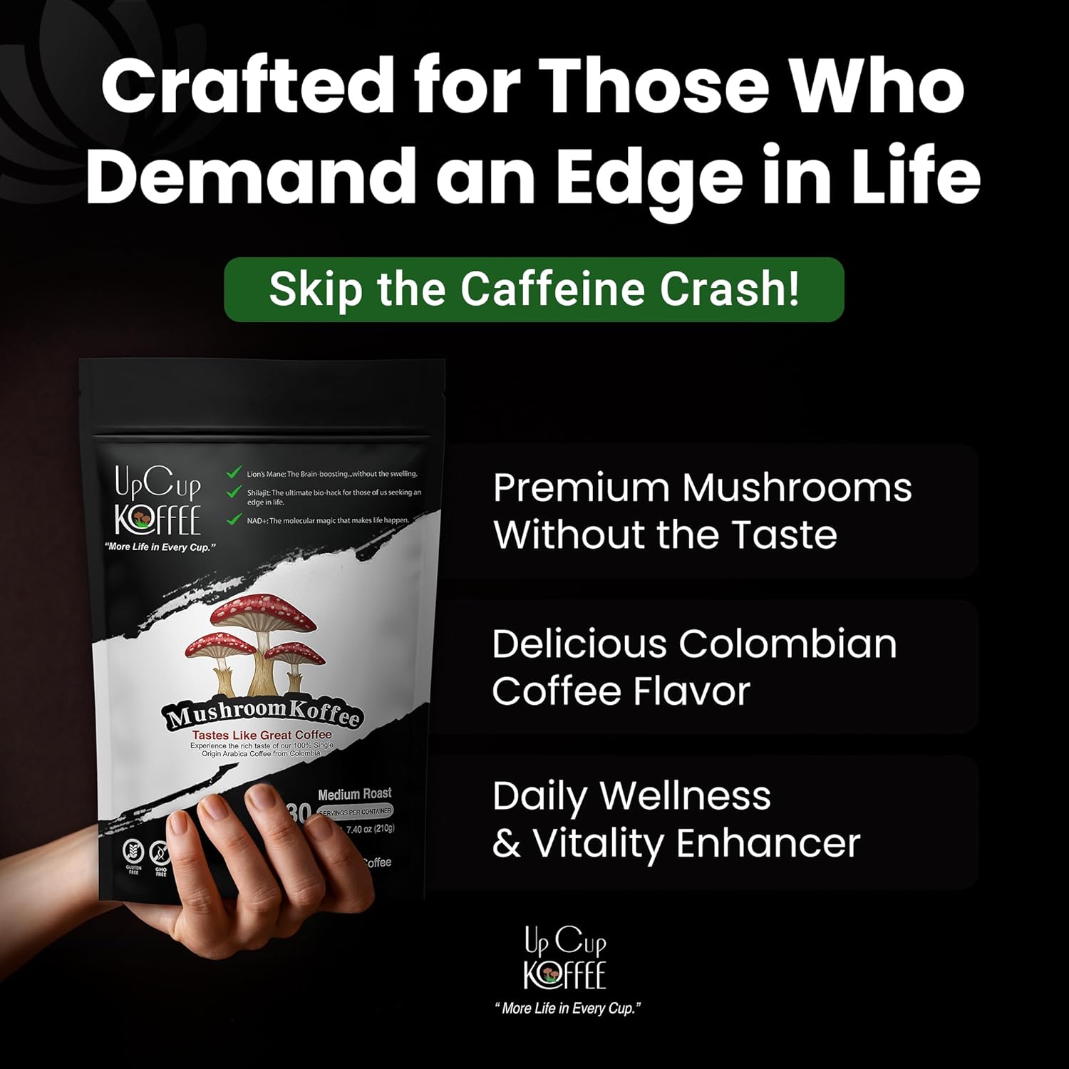 UpCup Koffee Functional Ground Mushroom Coffee - Includes Lions Mane, NAD+, & Himalayan Shilajit for Immune Support & Cognitive Boost - Made with Colombian Beans, Shilajit, & Lion's Mane Mushroom