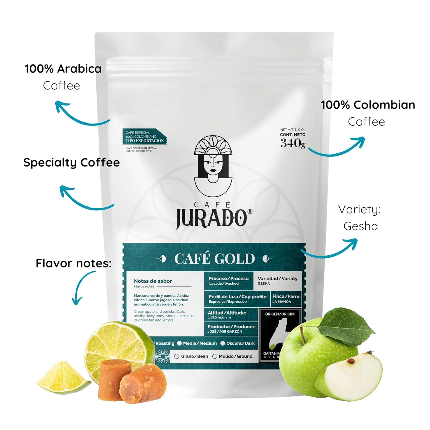 Café Jurado, Colombian GESHA Gold Edition, Specialty Ground Coffee, Colombian Arabica Quality, Citrus Note, Colombian Best Coffee, Medium Roast Coffee - 11.9 Ounces