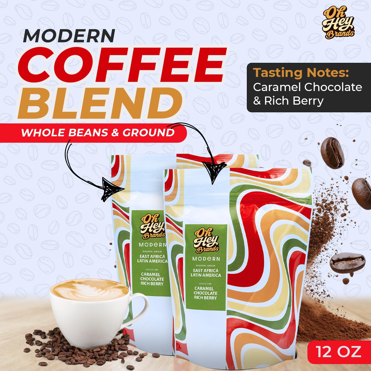 OH HEY BRANDS Coffee Bundle – Whole Bean & Ground, Medium Roast – Smooth, Chocolate & Berry Notes – 2x12oz Bags